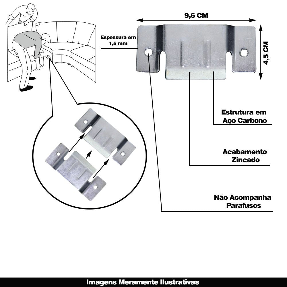 Conector de Encaixe para Móveis Zincado Aço Carbono 5 Pares Gran Belo G59