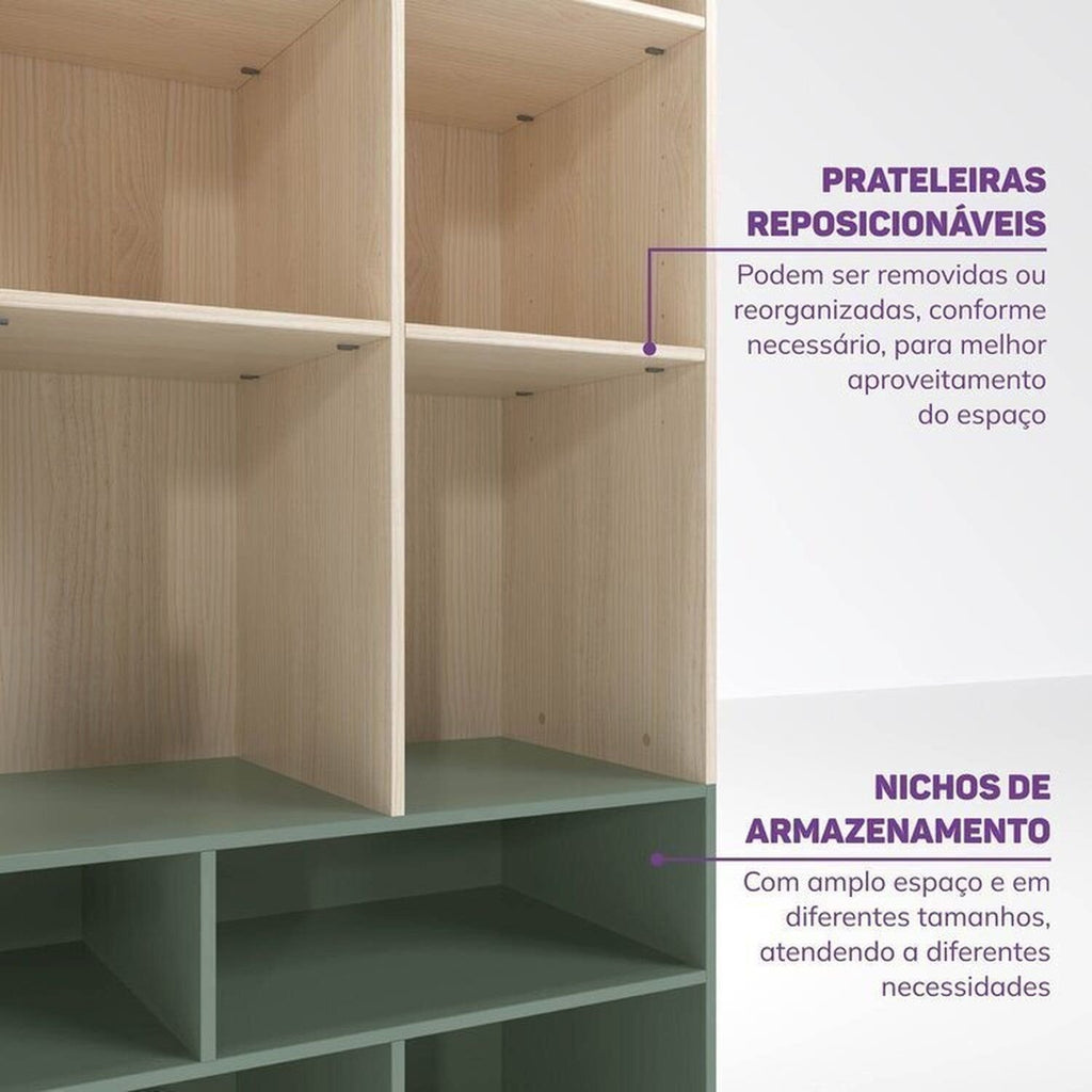 Quarto Infantil Completo Guarda-Roupa Curió Bicama Escrivaninha Estante Petit Verde/Mel Casatema