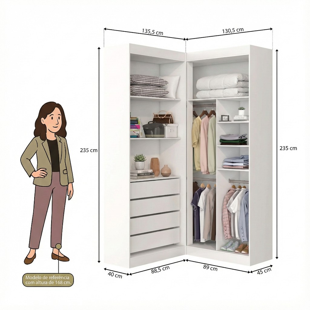 Guarda-Roupa Casal Canto 4 Portas 4 Gavetas Versatille Yescasa 100% MDP Branco