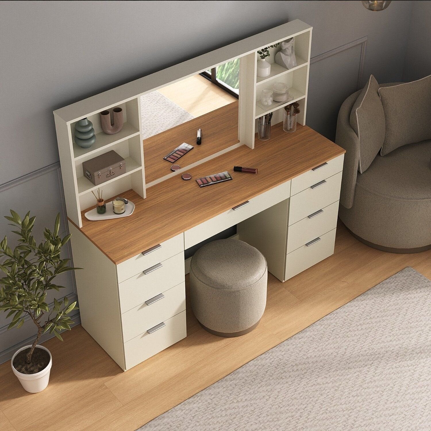 Penteadeira MDF 9 Gavetas com Espelho e LED Foscarini 8402 Bege/Argila/Carvalho Hanover