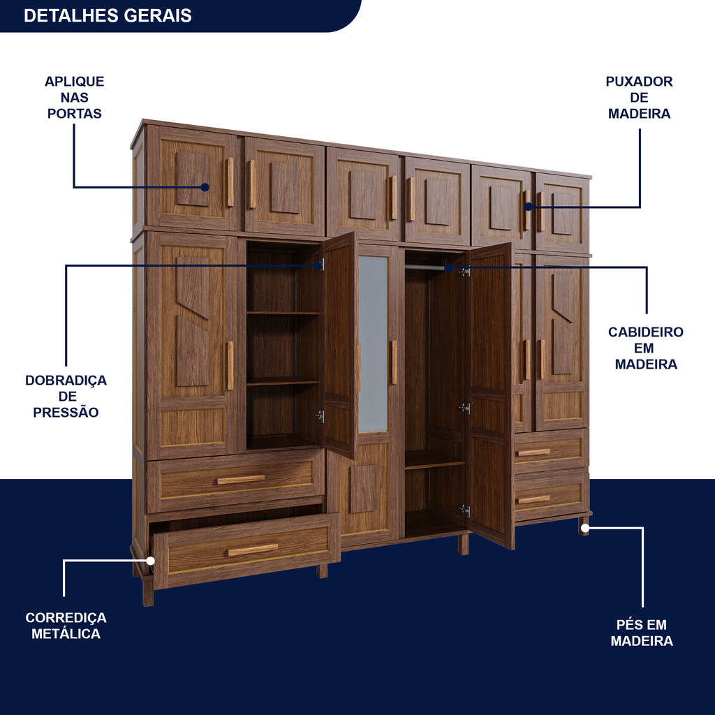 Guarda-Roupa Casal com Espelho 12 Portas 4 Gavetas Rio Branco Premium Yescasa Marrom/Ypê