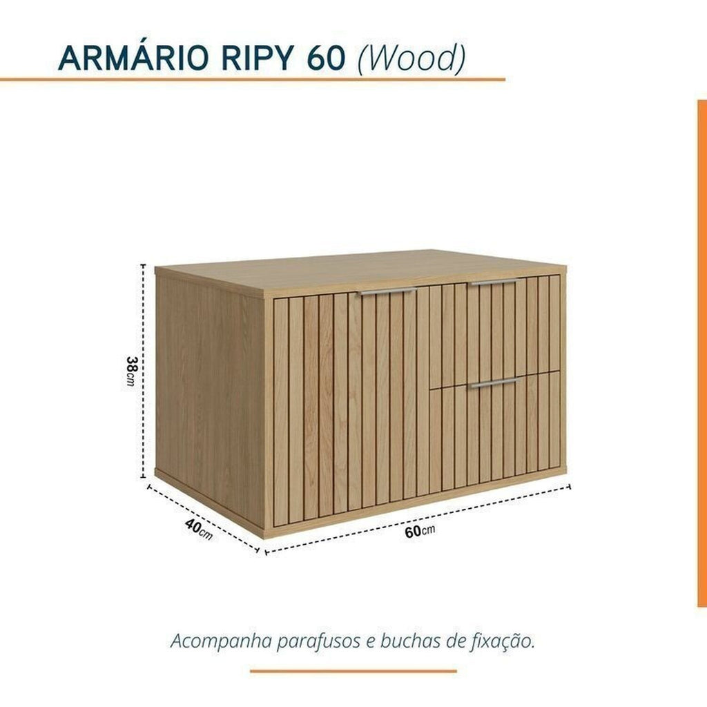 Conjunto para Banheiro Bancada em Porcelanato com Cuba Esculpida, Armário e Espelheira Ripy Bumi 60cm Amarelo/Wood