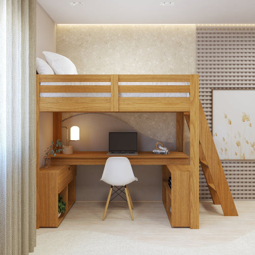 Cama Alta Beliche Office Solteiro Adulto com Escrivaninha Star Light Casatema Marrom/Freijó