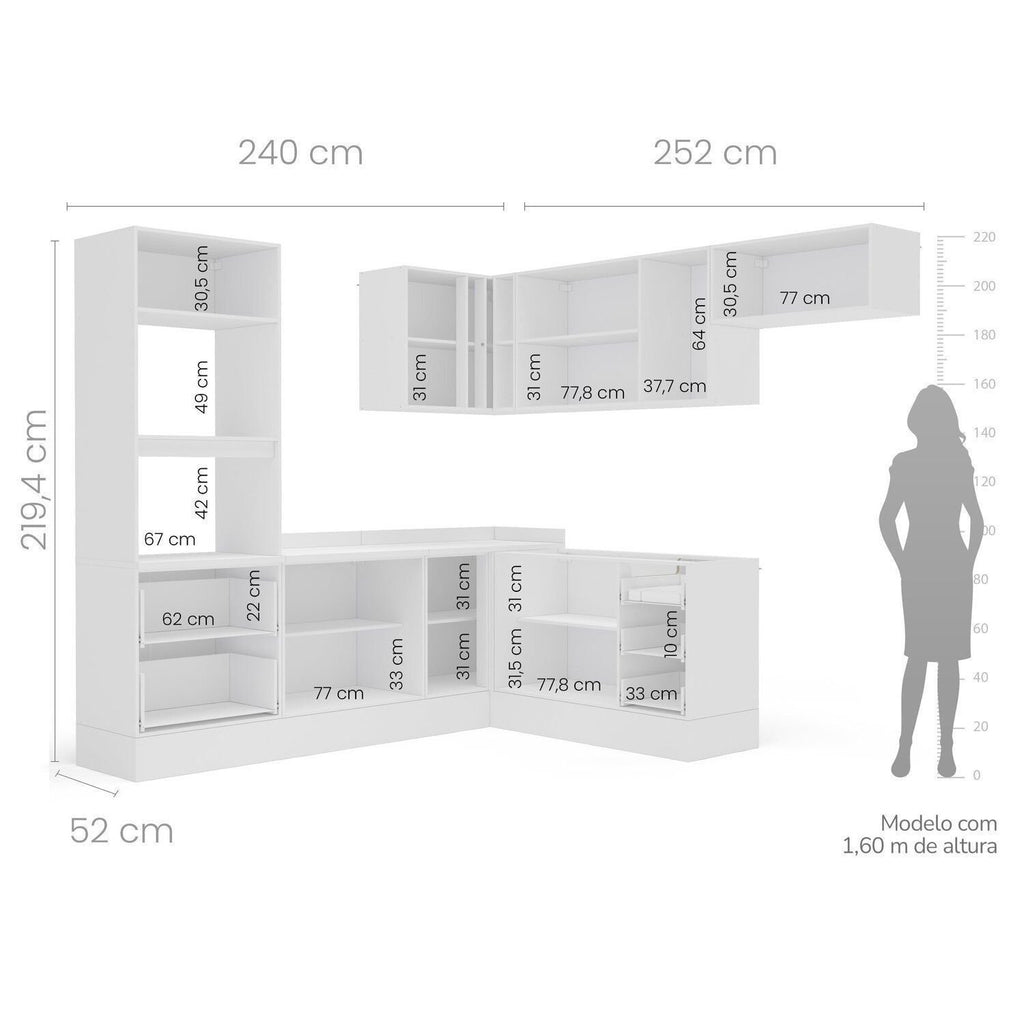 Cozinha Completa Modulada 8 Peças com Rodapé Pérola Yescasa Cinza/Branco