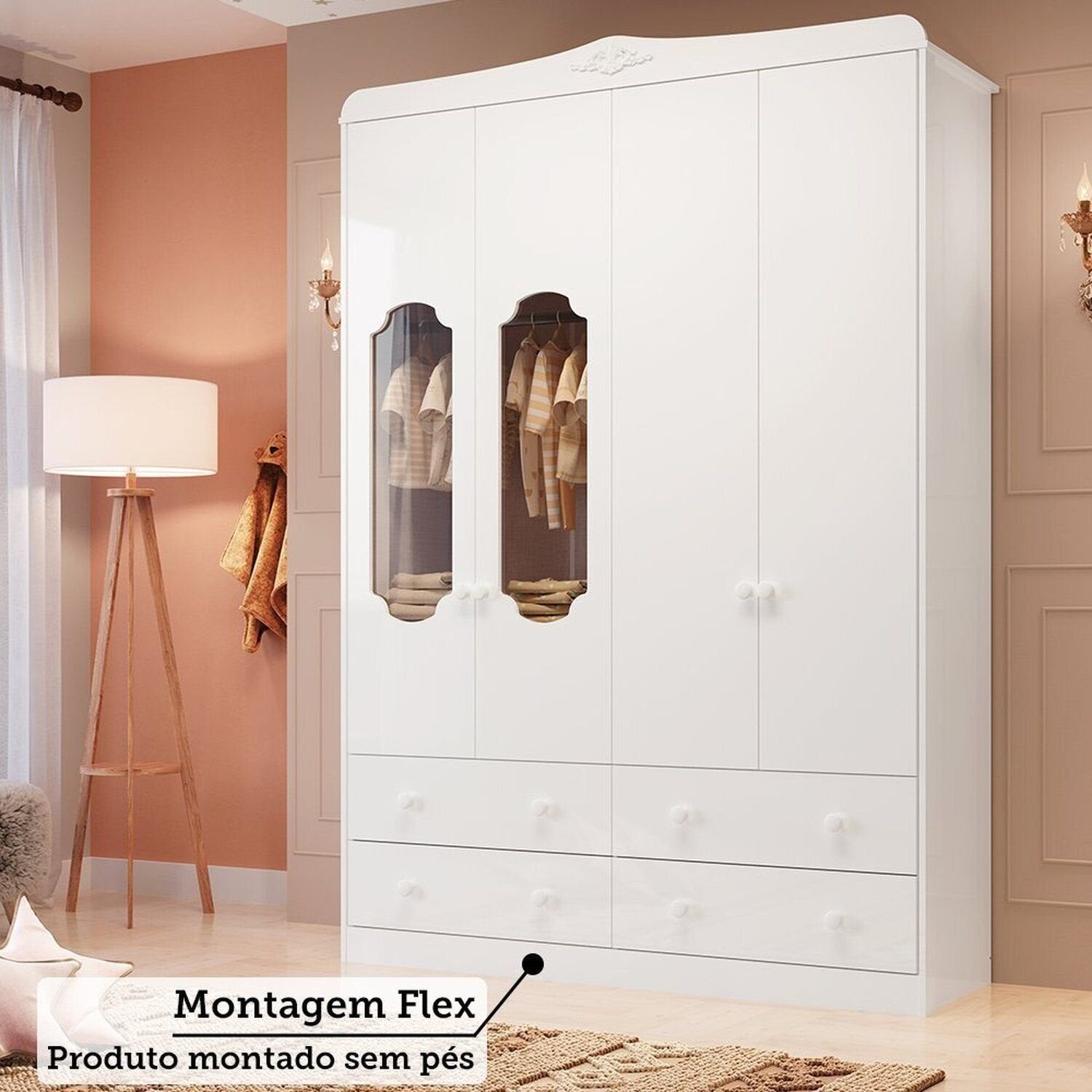 Quarto de Bebê com Guarda-Roupa Cômoda e Berço com Capitonê Maya Provençal 100% MDF Yescasa Branco/B