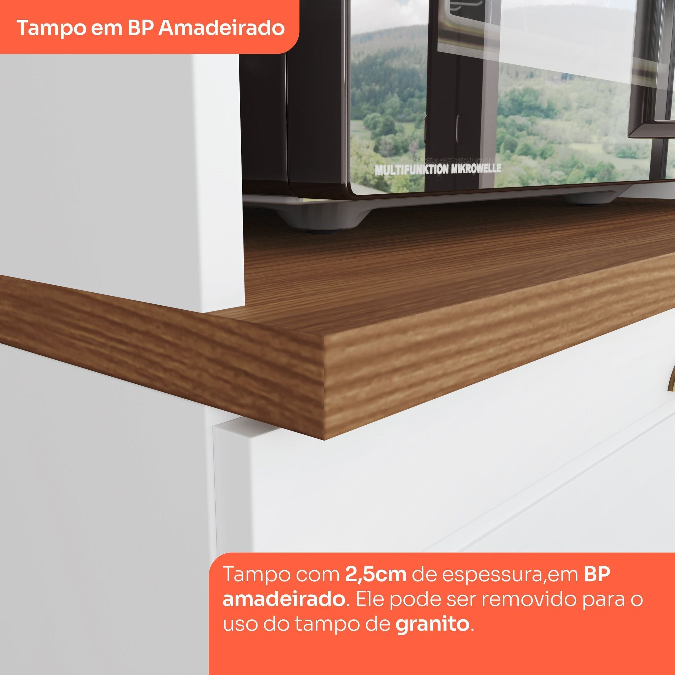Cozinha Compacta Modulada 6 Peças com Aéreo para Micro-Ondas Emily Espresso Móveis Branco/HP/Calcare