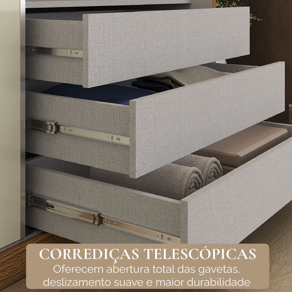 Guarda-Roupa Casal 3 Portas de Correr 6 Gavetas Spazio Yescasa MDP Off White/Cinamomo
