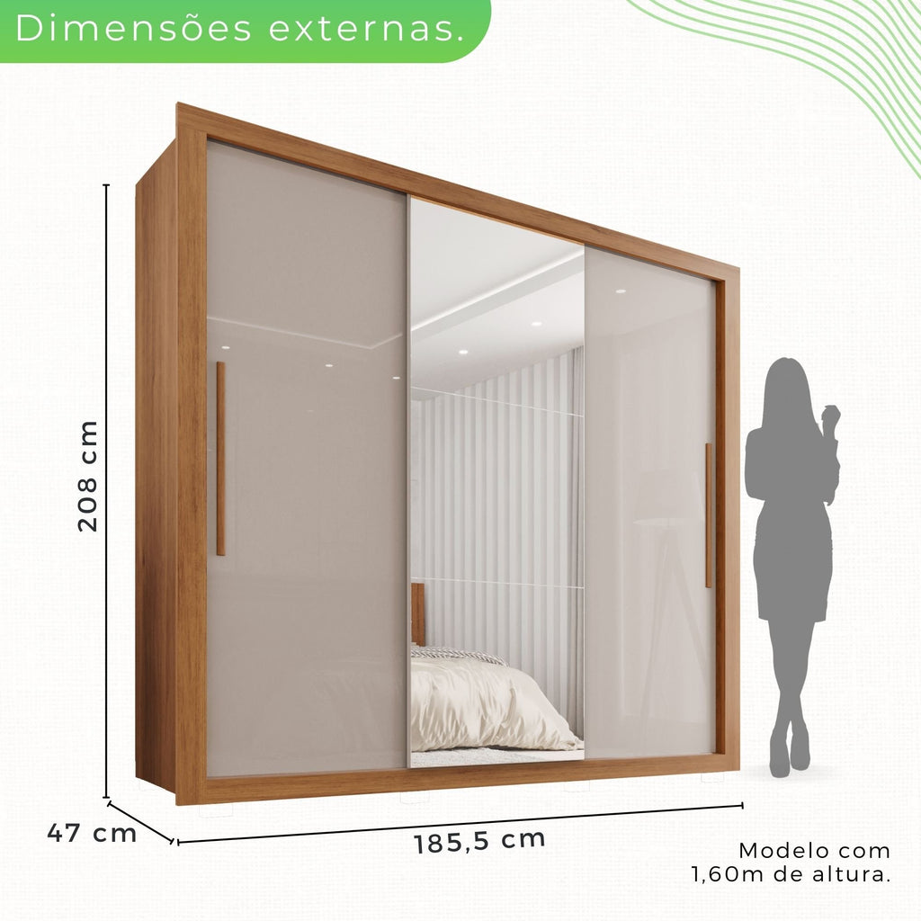 Guarda-Roupa Casal 3 Portas com Espelho 4 Gavetas Costa Rica Sallêto Móveis MDF/MDP Cinamomo/Off-White