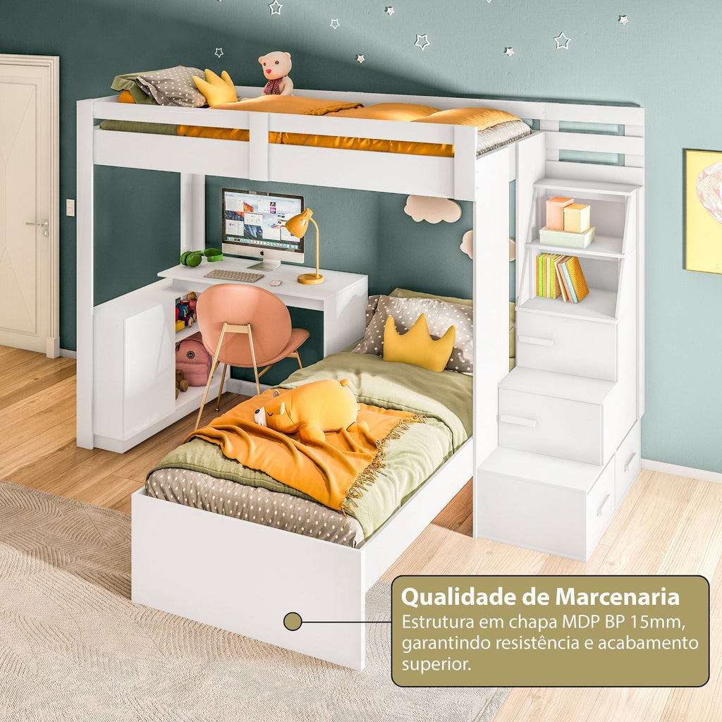 Beliche Office Infantil Moon com Escrivaninha em L e Escada 2 Portas e 2 Gavetas Yescasa Branco