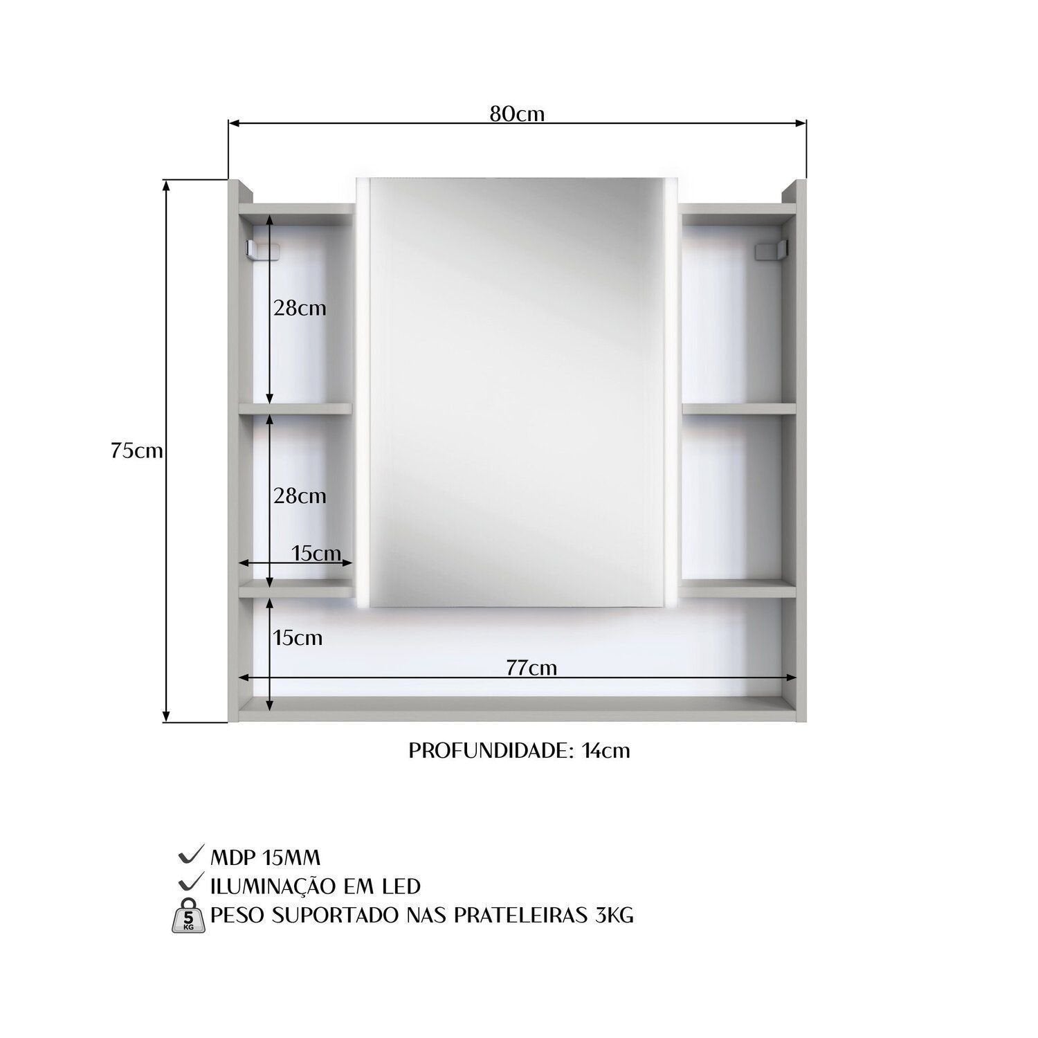 Espelheira para Banheiro com LED 2 Portas Yescasa Off White/Arenas