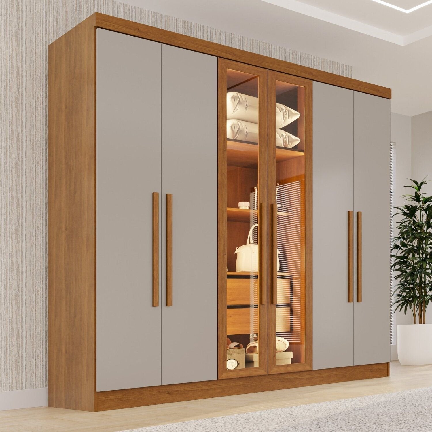 Guarda-Roupa Casal Reflecta com LED 6 Portas 2 Gavetas França Sallêto Móveis Off White/Cinamomo