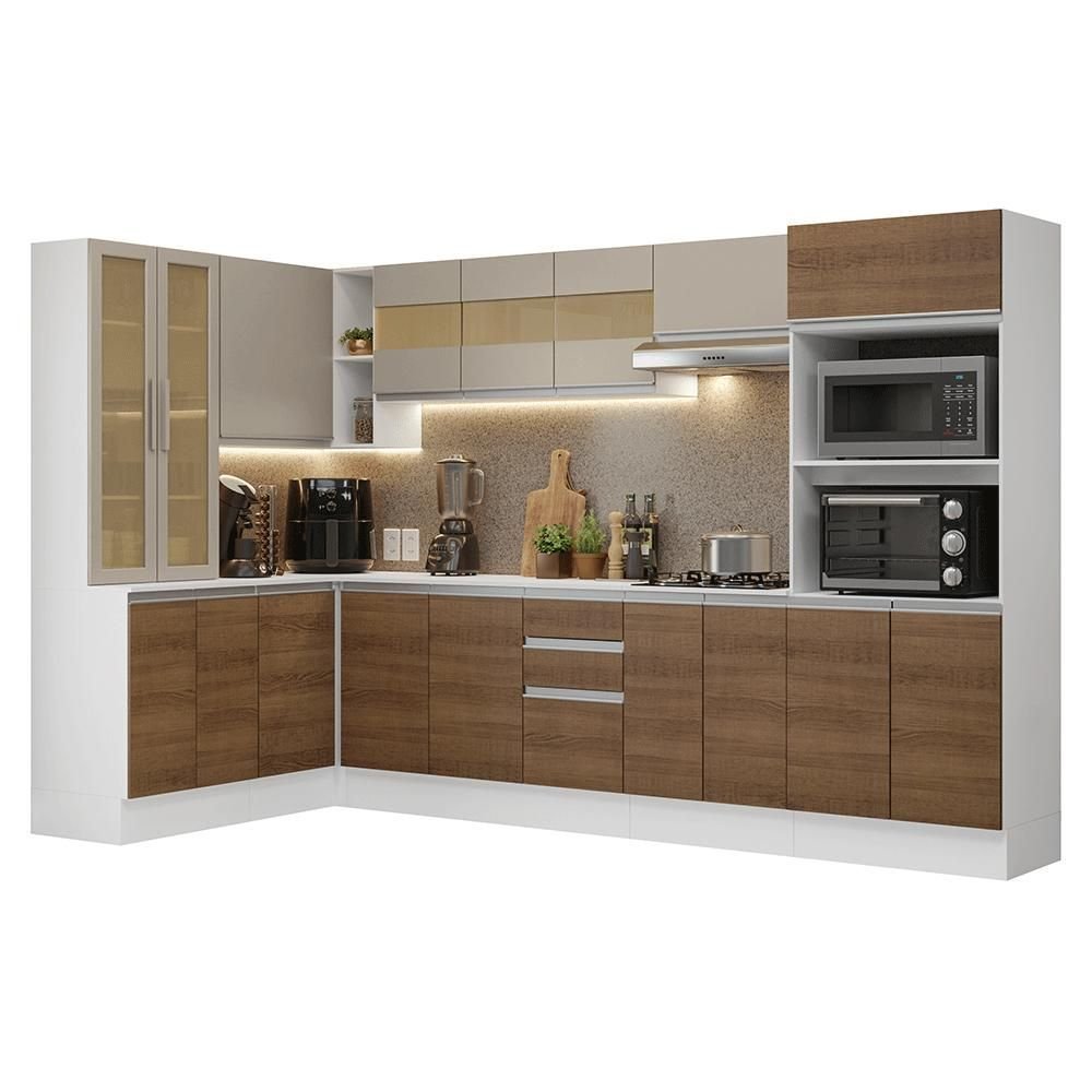 Armário de Cozinha Completo de Canto 100% MDF 447cm Smart Madesa Branco/Rustic/Crema