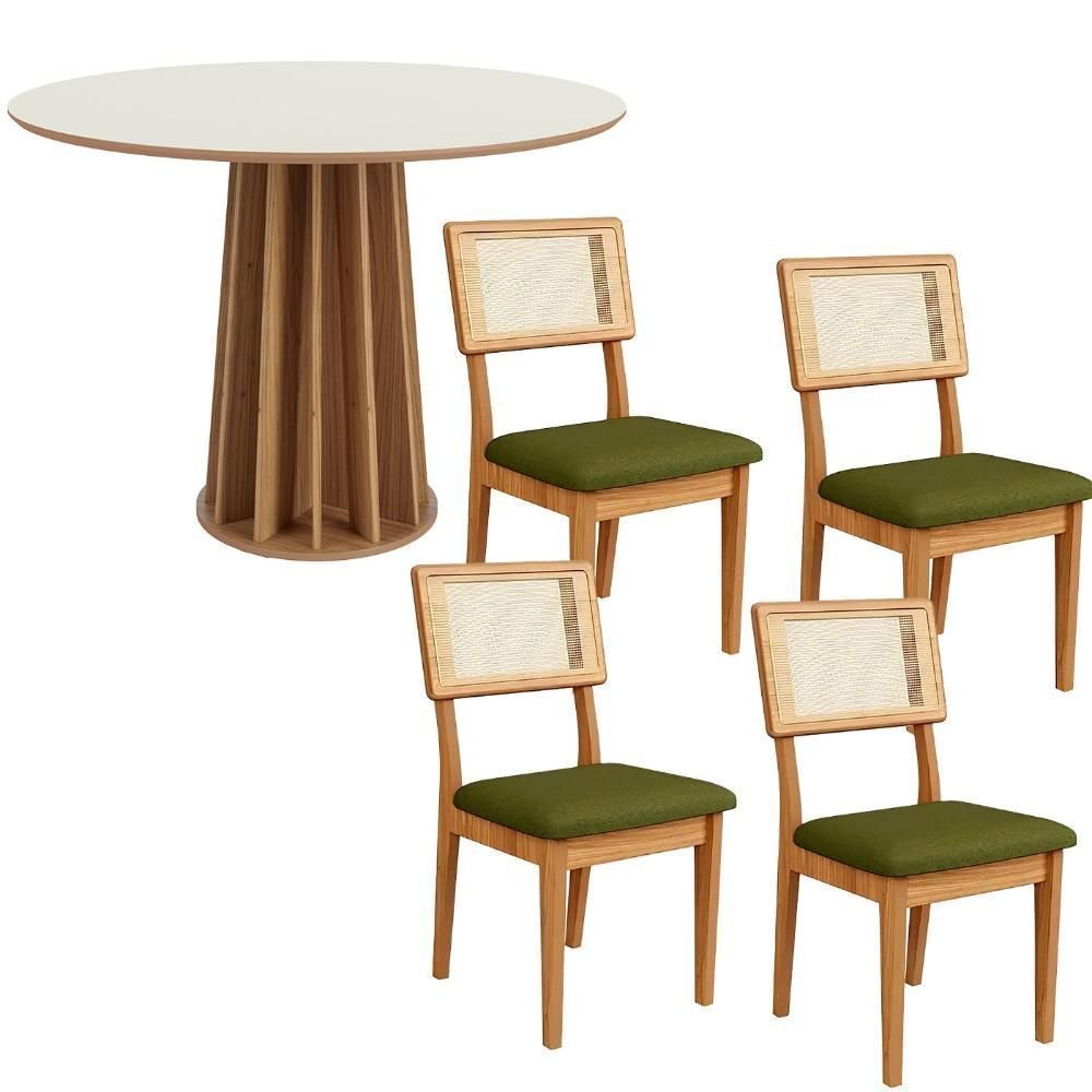 Conjunto de Jantar Mesa Redonda MDF 4 Cadeiras Tela Palha Freijó Off White Cesare Claro Dalla Costa