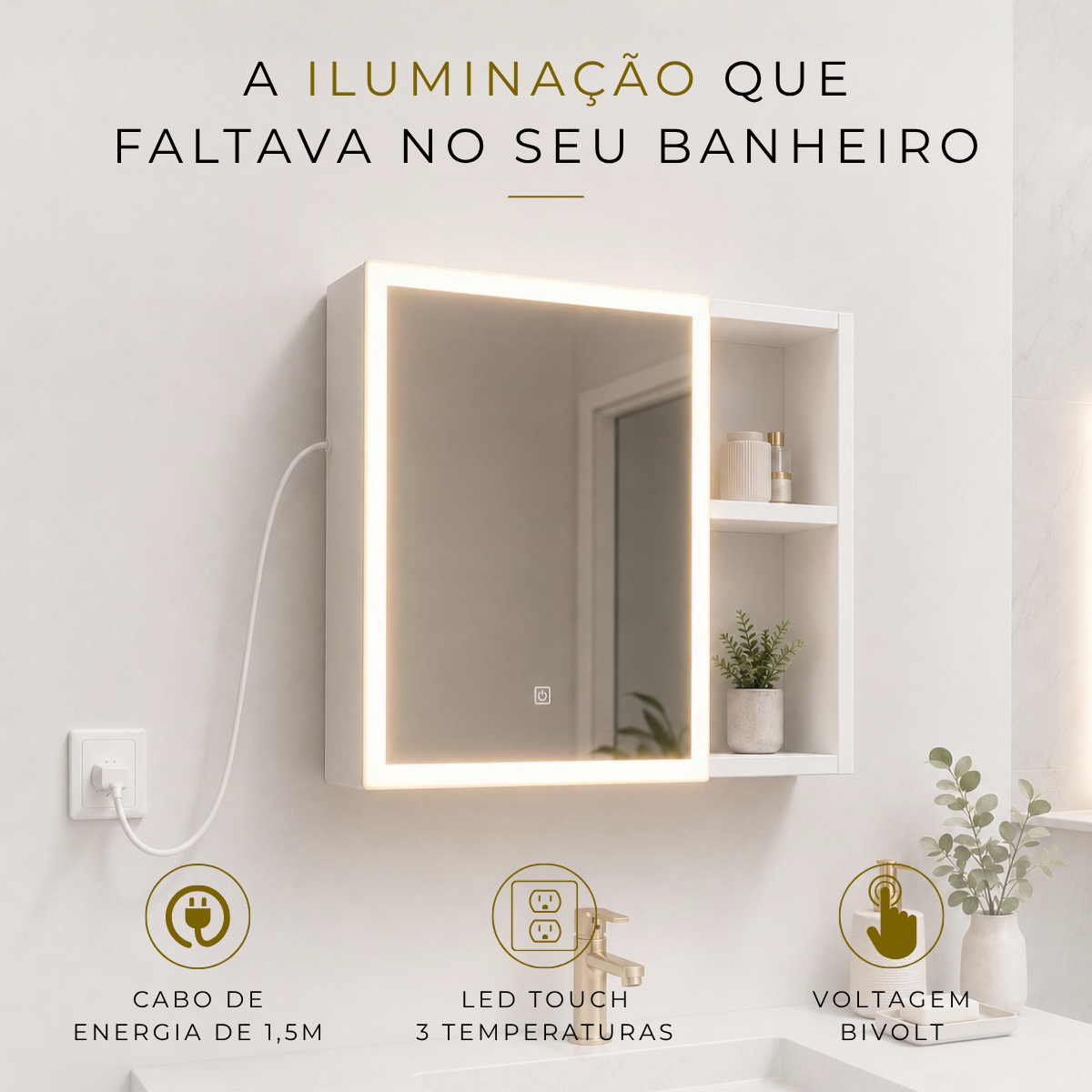 Espelheira para Banheiro 2 Portas LED Touch Kyoto Brovália 68cm Resistente à Umidade