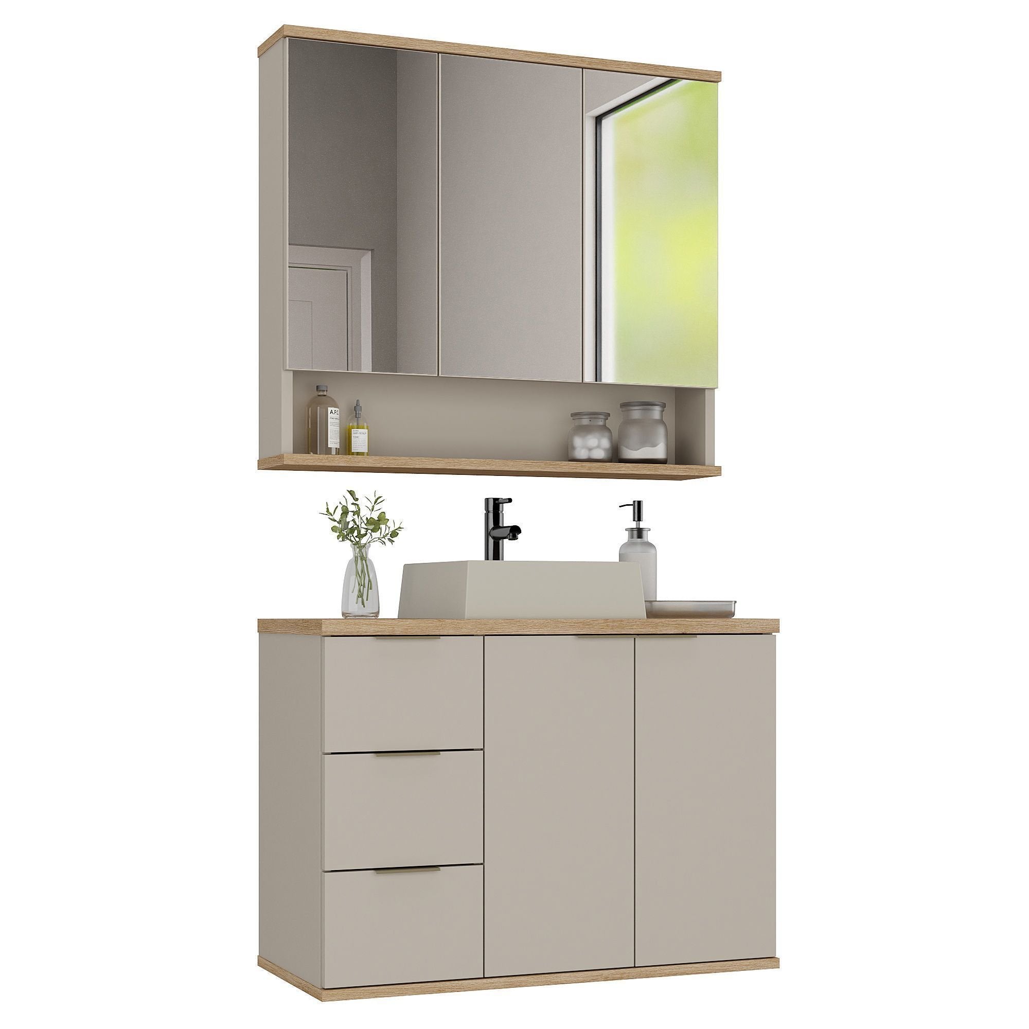 Conjunto para Banheiro Completo com Gabinete, Cuba e Espelheira York Estilare 76cm Bege/Nude