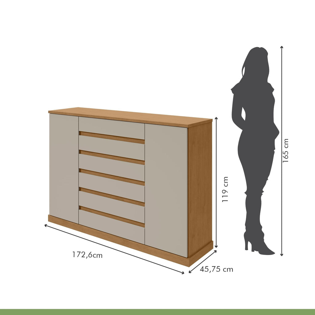 Cômoda 2 Portas 7 Gavetas com Chave e Prateleiras Vedra Móveis Lopas Amêndoa Clean/Off White