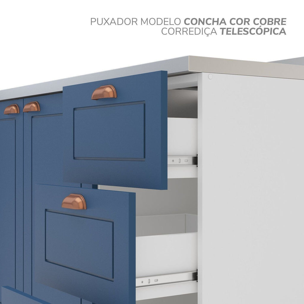 Cozinha Completa Modulada Pérola Yescasa 9 Peças Torre Quente Aéreo Balcão Basculante Canto Rodapé Branco/Azul