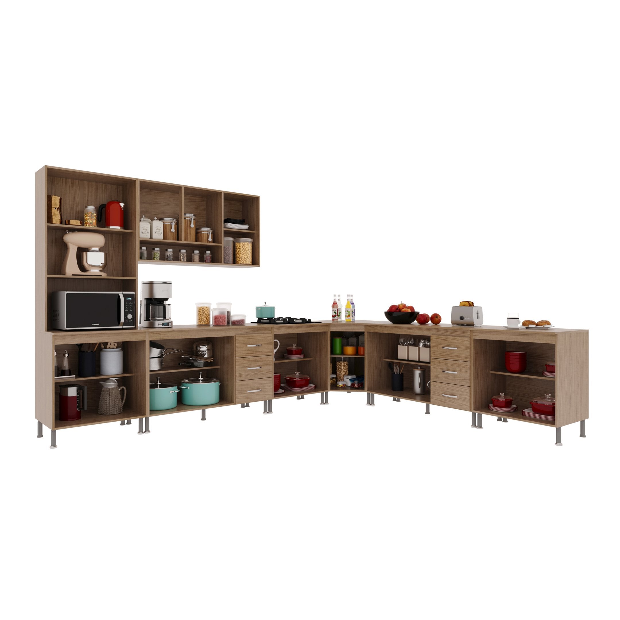 Cozinha Completa Fidelitá Paris 7 Peças 600cm 16 Portas 6 Gavetas com Tampo Nogal/Salinas 600x53x204,5cm