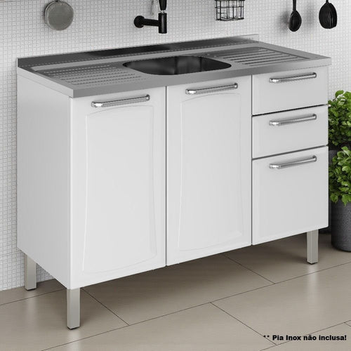 Balcão Cozinha em Aço 3 Portas 2 Gavetas 120cm sem Tampo Dobradiças Slow Motion Tarsila Itatiaia Branco