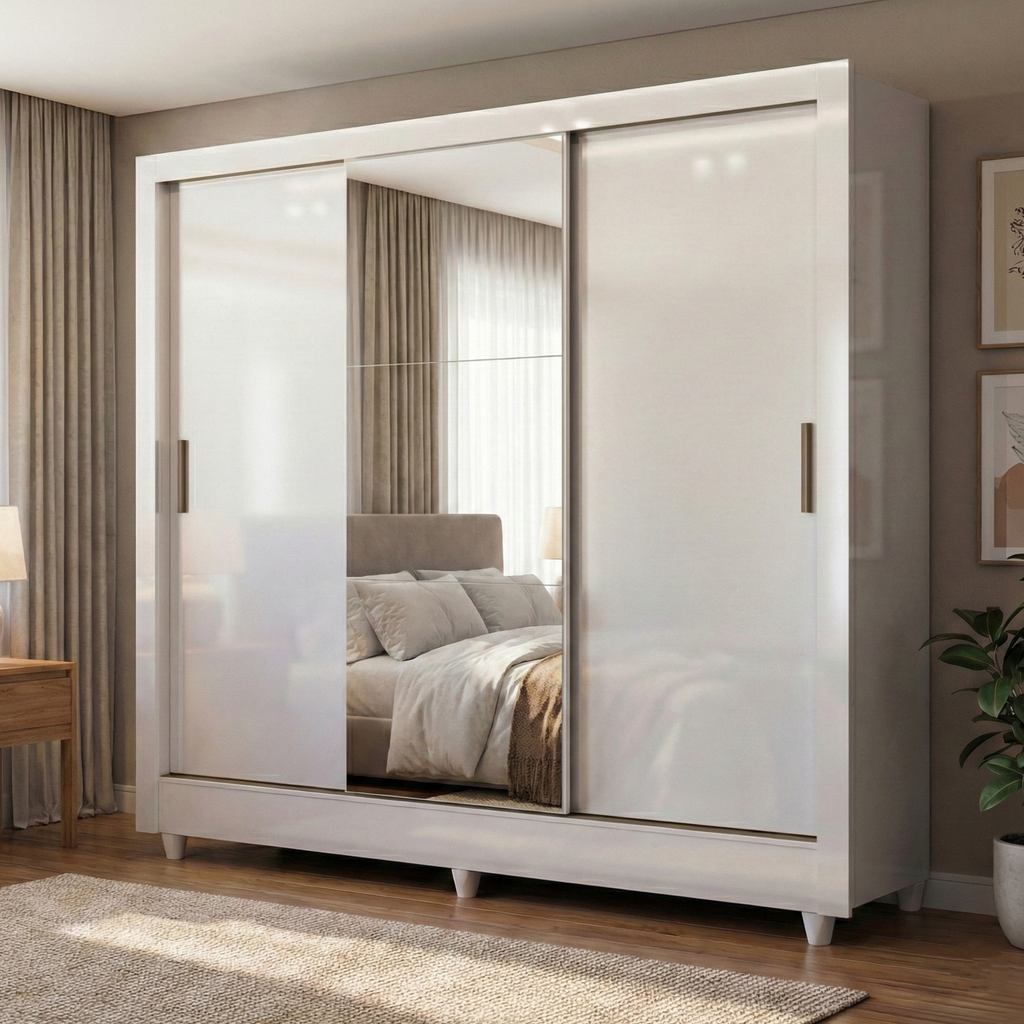 Guarda-Roupa Solteiro 3 Portas de Correr com Espelho 2 Gavetas Roma Santos Andirá 100% MDF Branco