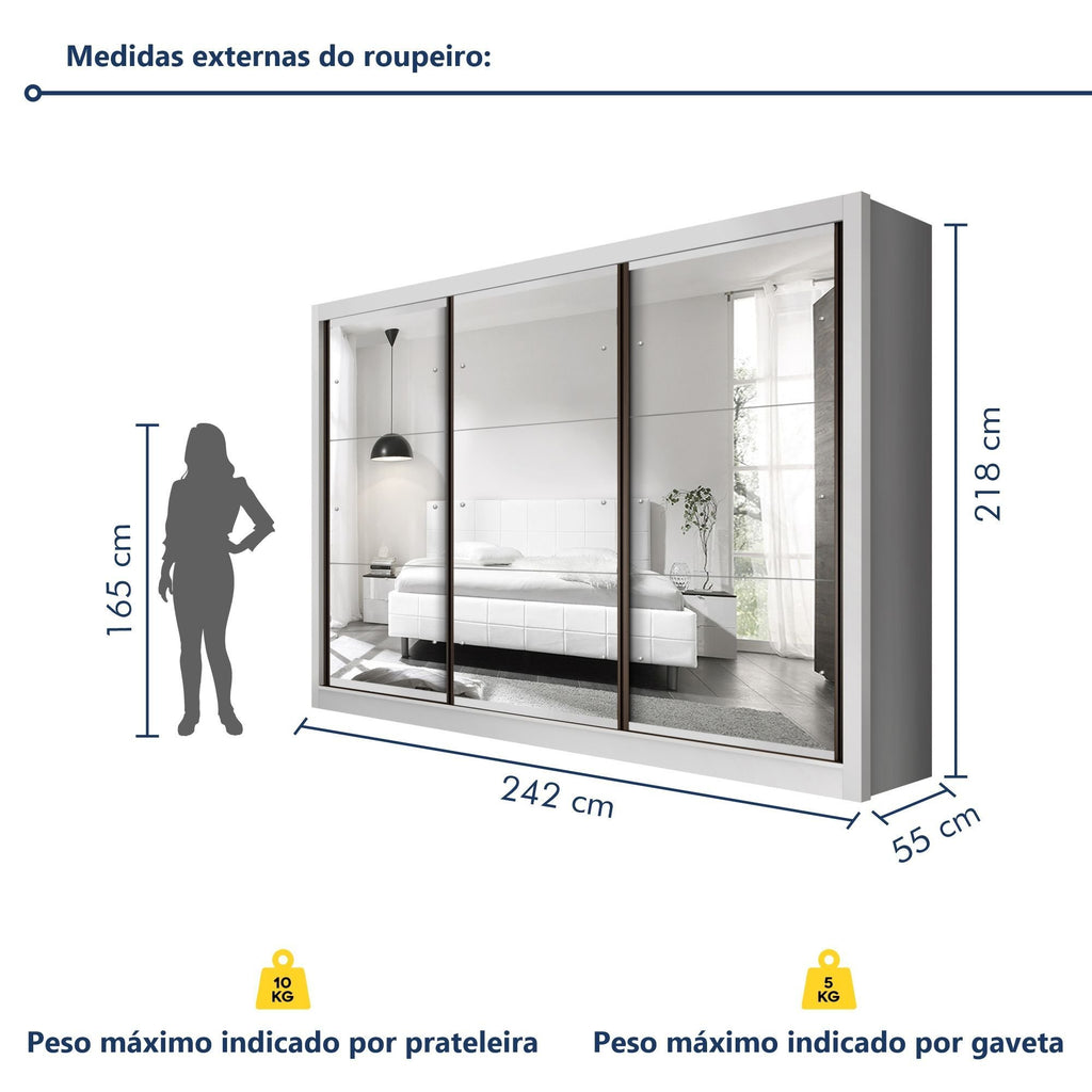 Guarda-Roupa Casal 3 Portas 6 Gavetas com Espelho Premium Lux Yescasa Branco