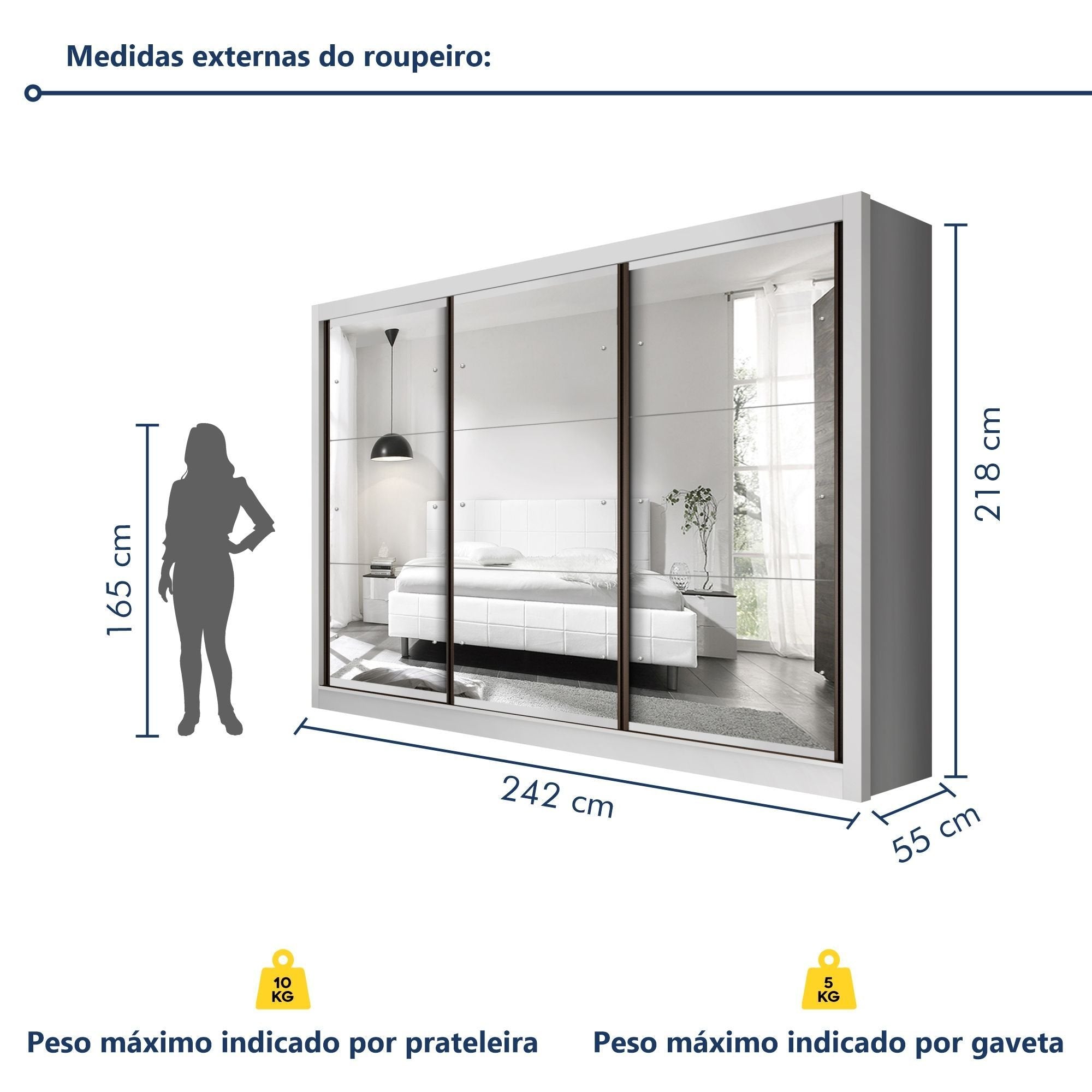 Guarda-Roupa Casal 3 Portas 6 Gavetas com Espelho Premium Lux Yescasa Branco
