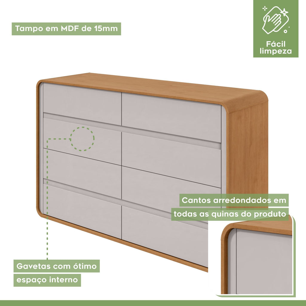 Kit Quarto Infantil com Cama Solteiro Corino e Cômoda 8 Gavetas Loop Móveis Lopas Bege Amêndoa Clean/Off White