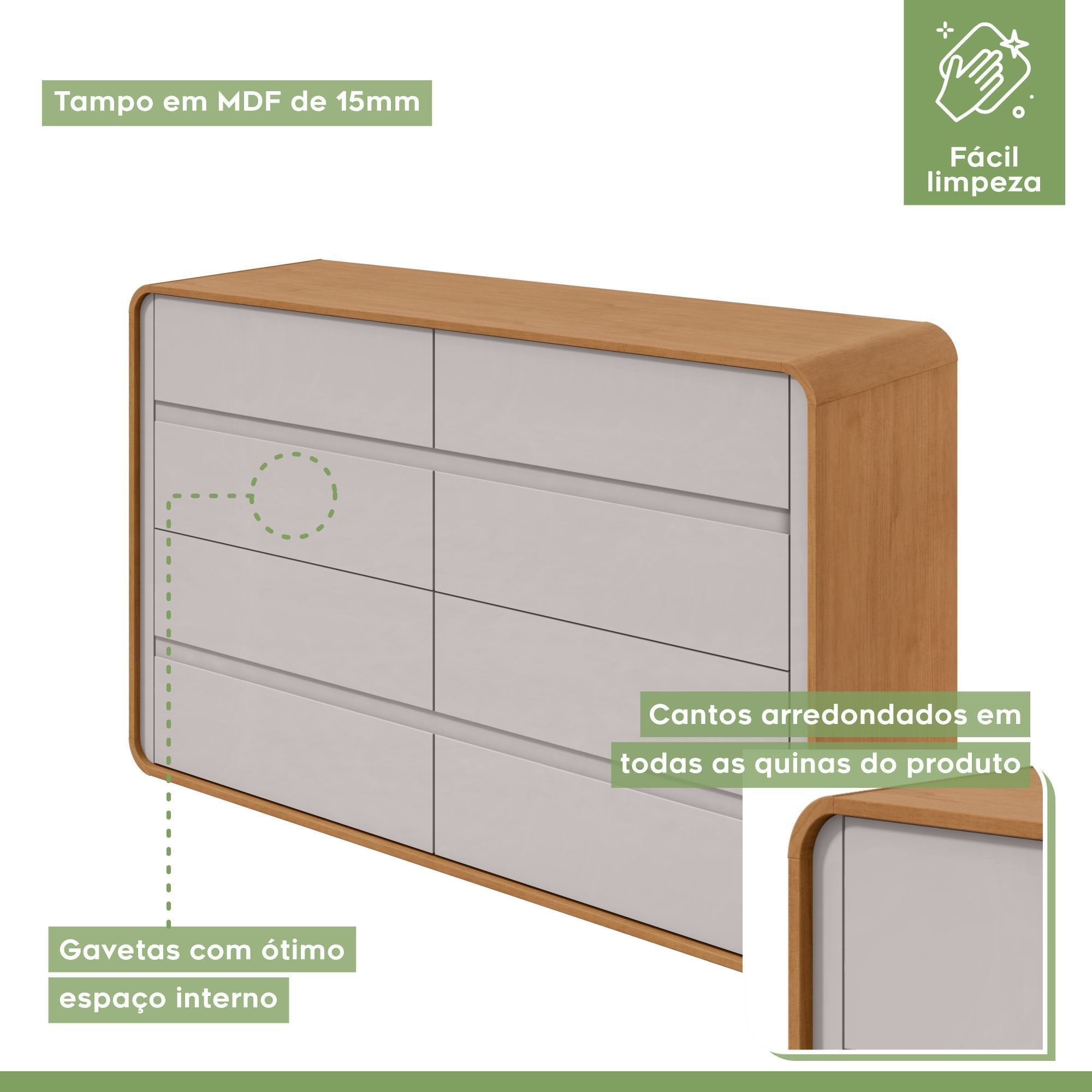 Kit Quarto Infantil com Cama Solteiro Corino e Cômoda 8 Gavetas Loop Móveis Lopas Bege Amêndoa Clean/Off White