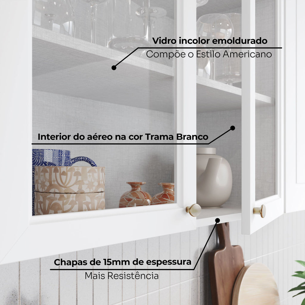 Cozinha Compacta Modulada Emily 4 Peças com Aéreo para Geladeira Espresso Móveis Branco
