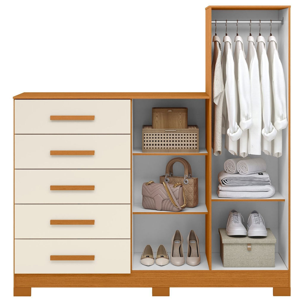Cômoda para Quarto 5 Gavetas 2 Portas com Espelho New Master Albatroz Móveis Bege/Cinamomo/Off White