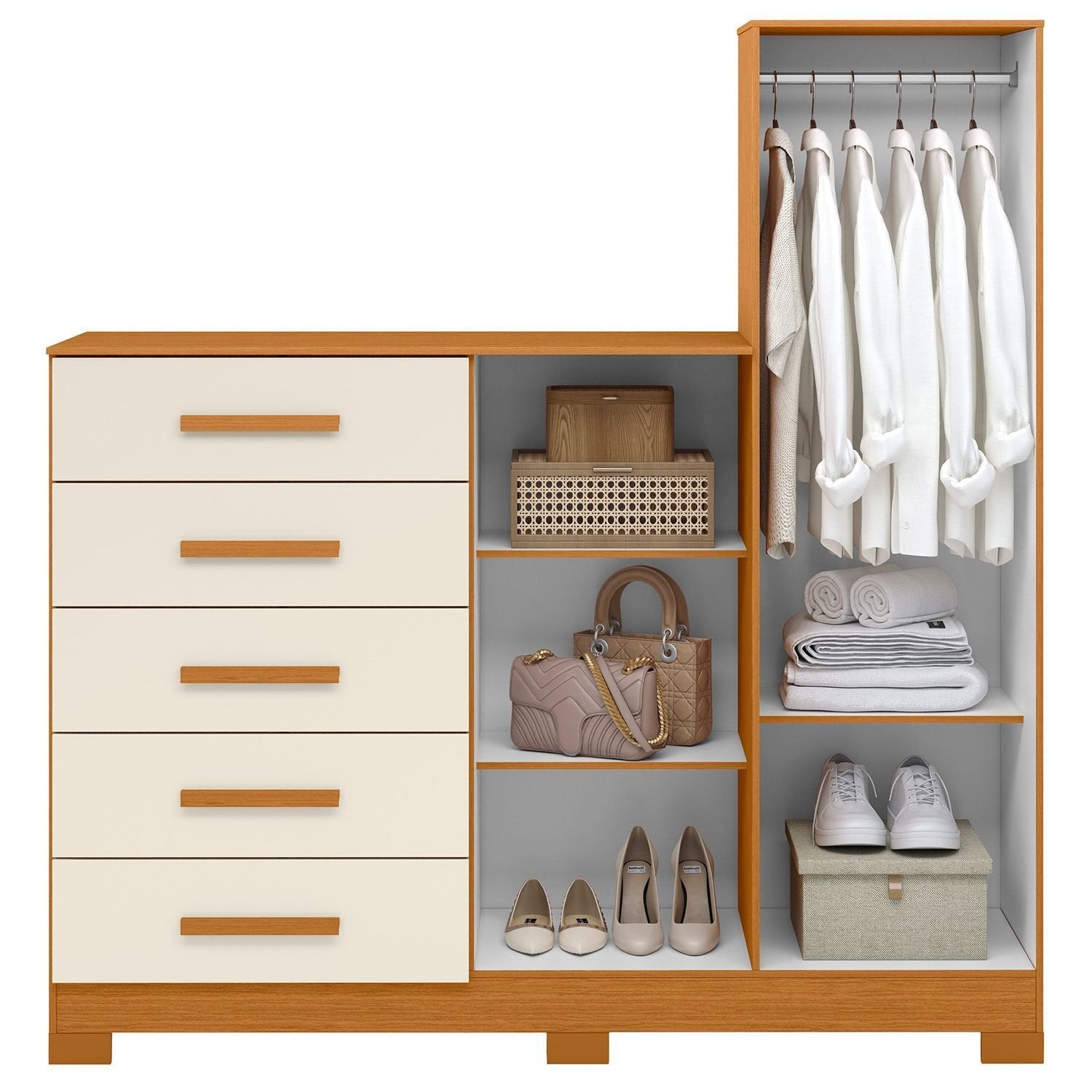 Cômoda para Quarto 5 Gavetas 2 Portas com Espelho New Master Albatroz Móveis Bege/Cinamomo/Off White