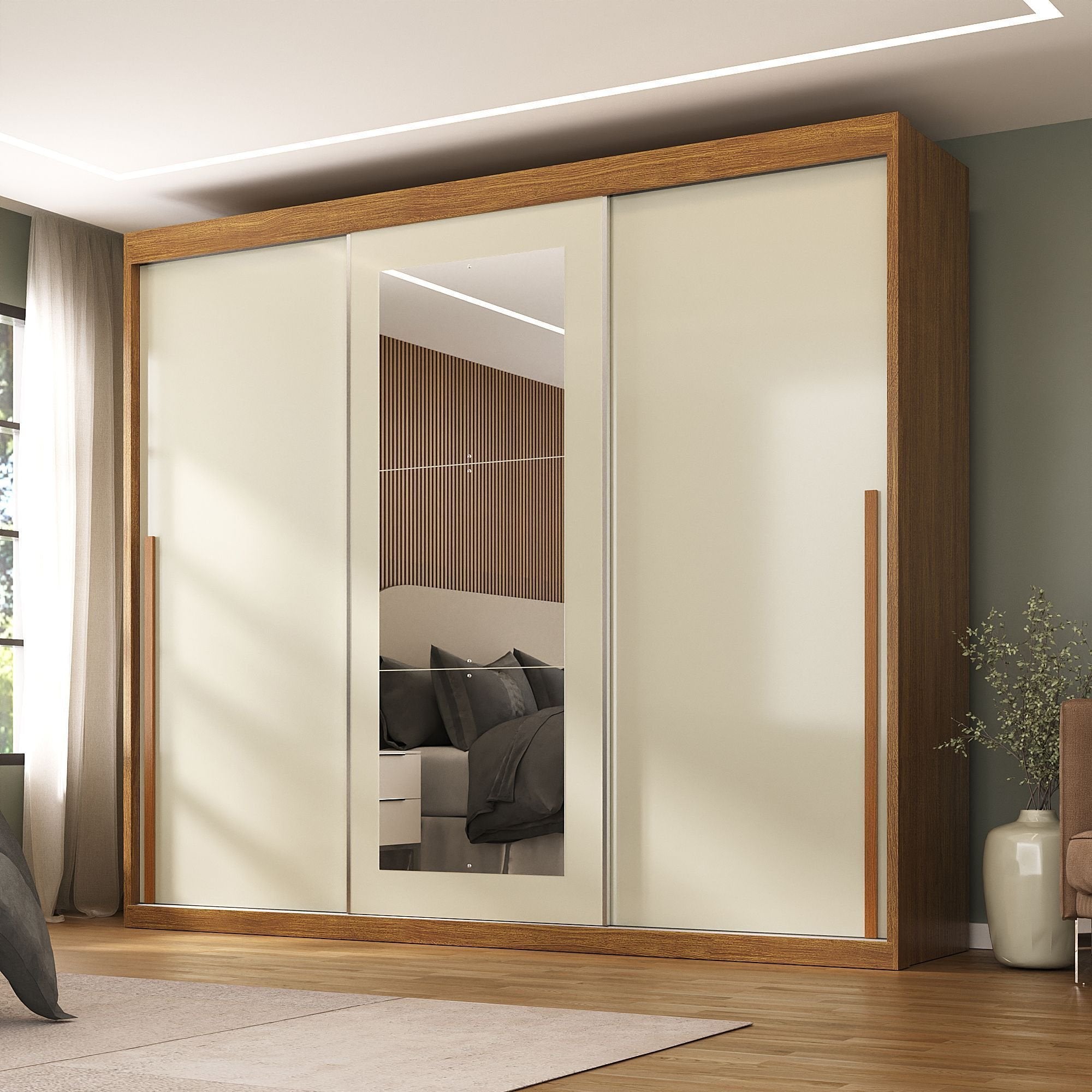 Guarda-Roupa Casal 3 Portas de Correr 6 Gavetas Spazio Yescasa 100% MDF Off White/Cinamomo