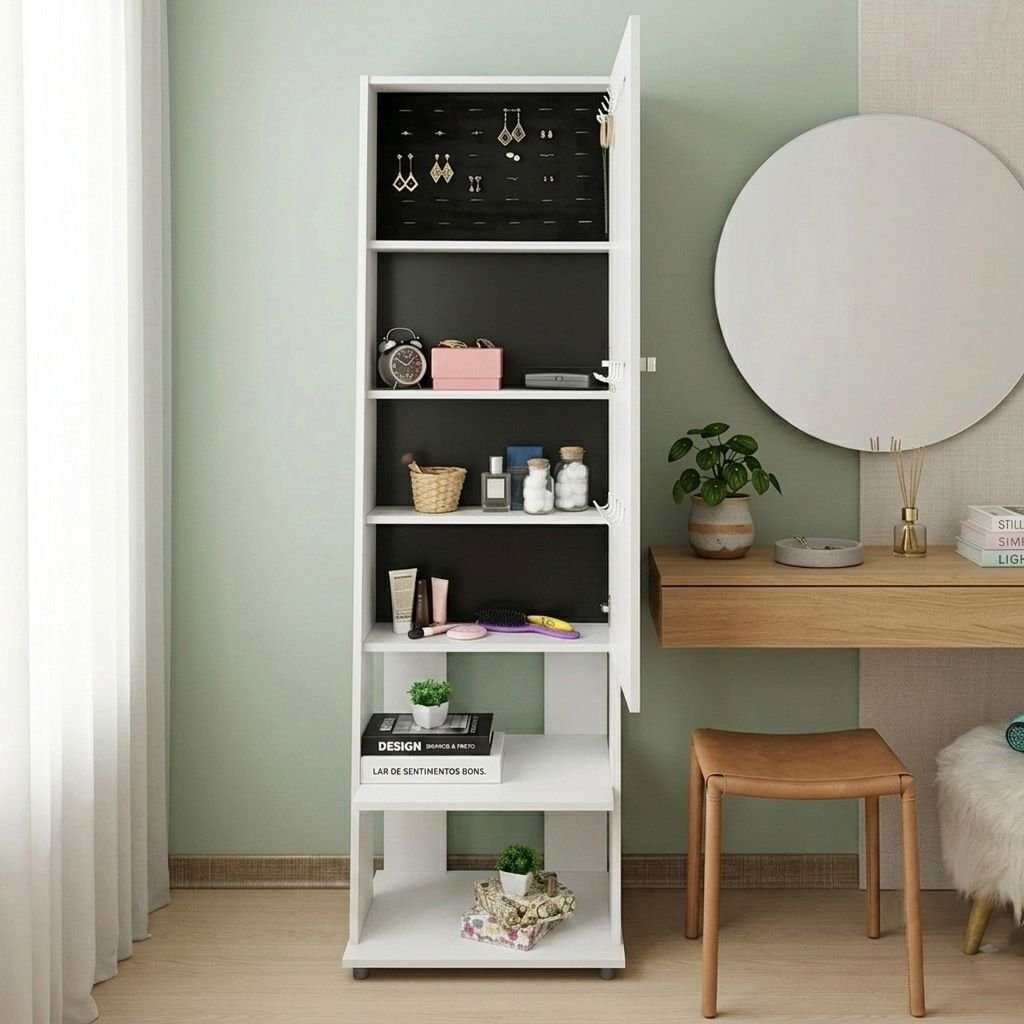 Espelho de Chão Grande Retangular 175x49cm 2 Prateleiras Porta Acessórios Retrô PE2024 Tecno Mobili Branco