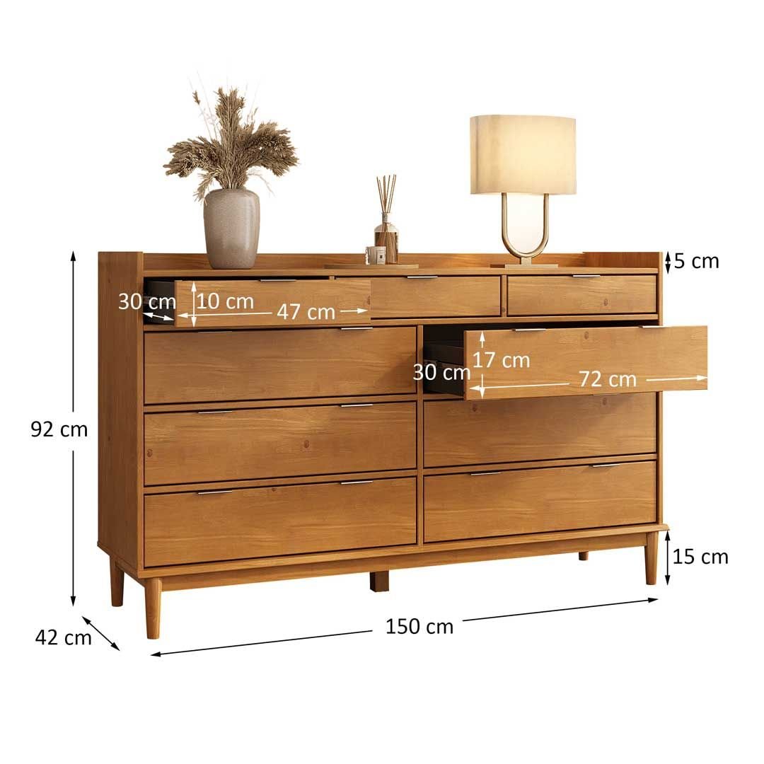Cômoda Grande para Quarto Casal 9 Gavetas Madeira Maciça Mel Lice IDIMEX