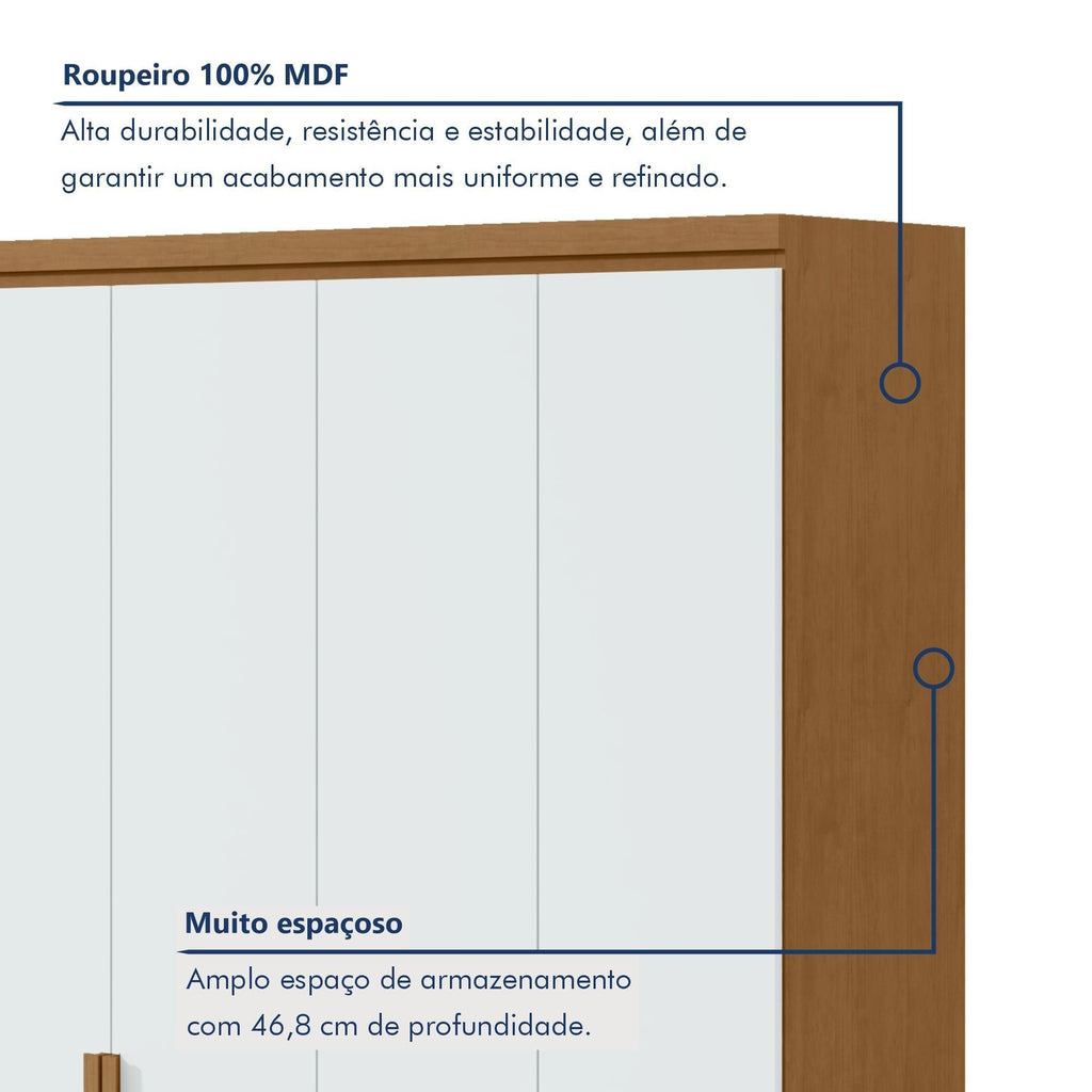 Guarda-Roupa Solteiro 4 Portas 2 Gavetas Alonzo Móveis Lopas 100% MDF Marrom Amêndoa Clean/Branco