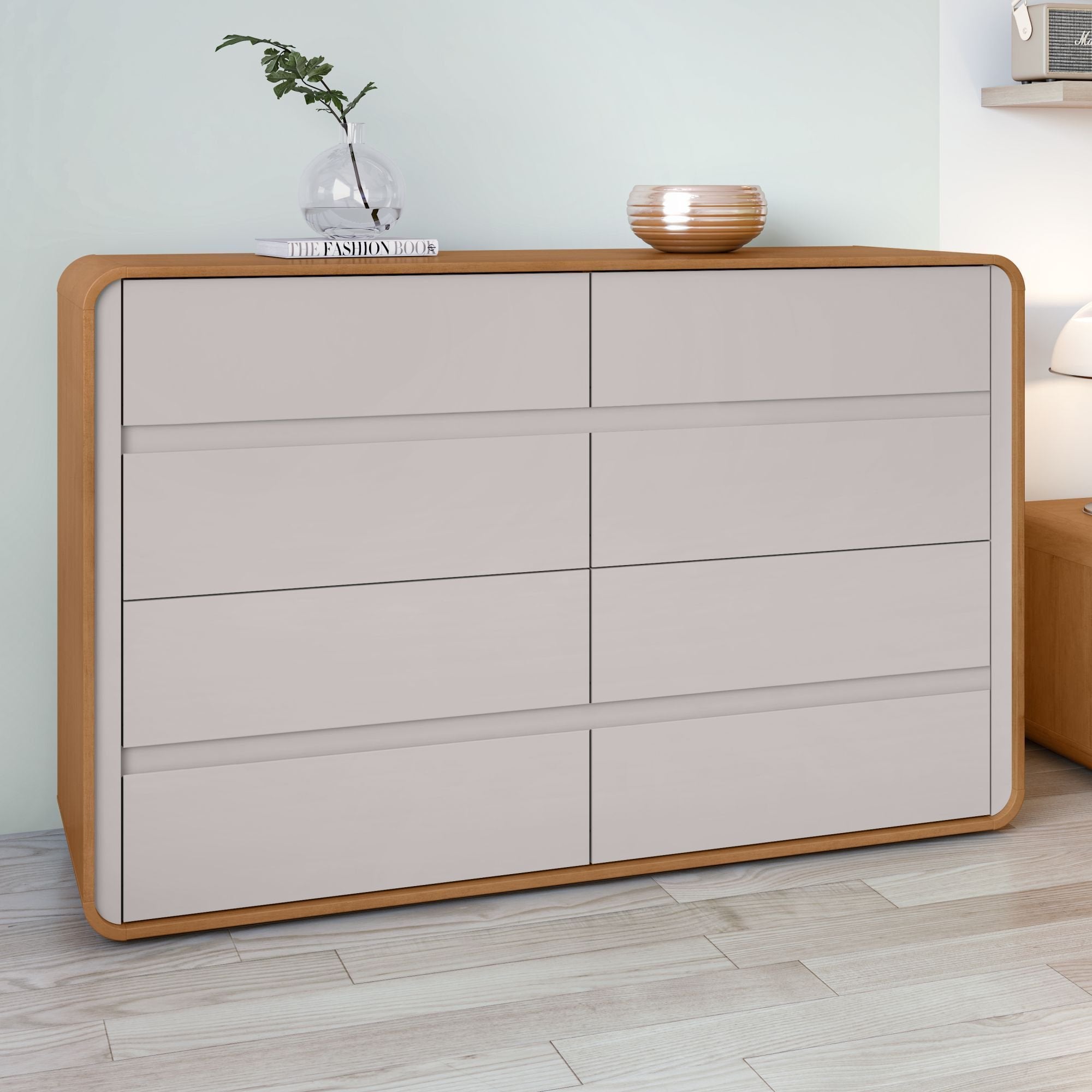 Cômoda para Quarto 8 Gavetas Puxador Embutido Loop 152cm Bege Amêndoa Clean/Off White