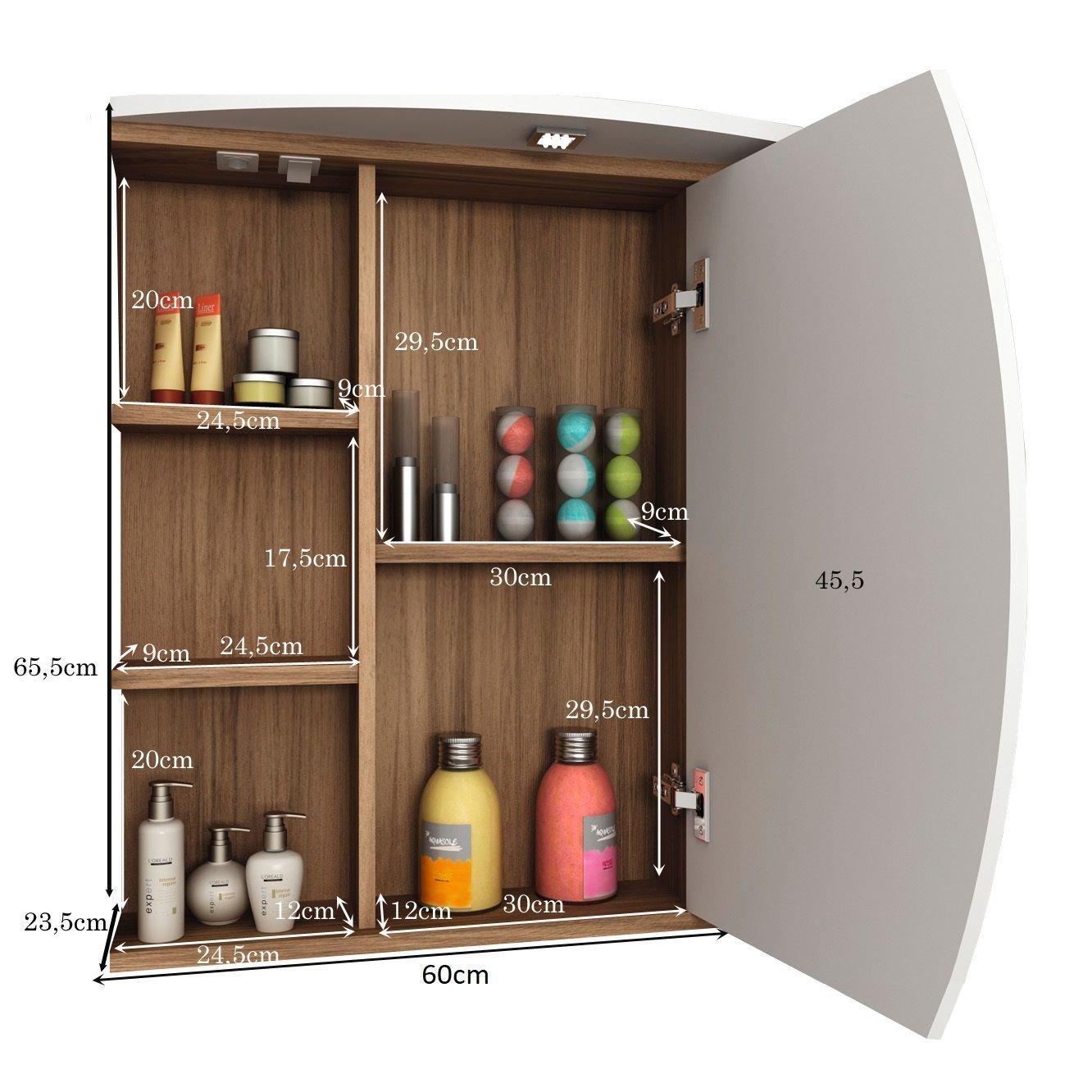 Espelheira para Banheiro Móveis Bosi Duna 1 Porta 3 Prateleiras LED Nogal/Branco