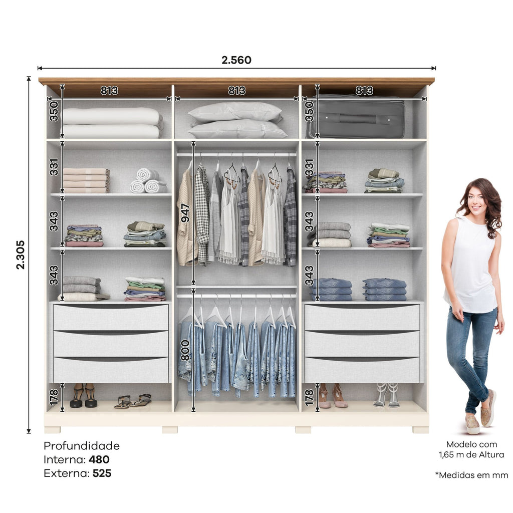 Guarda-Roupa Casal 6 Portas 6 Gavetas com Espelho Napoli Henn MDP Bege/Off White/Nature