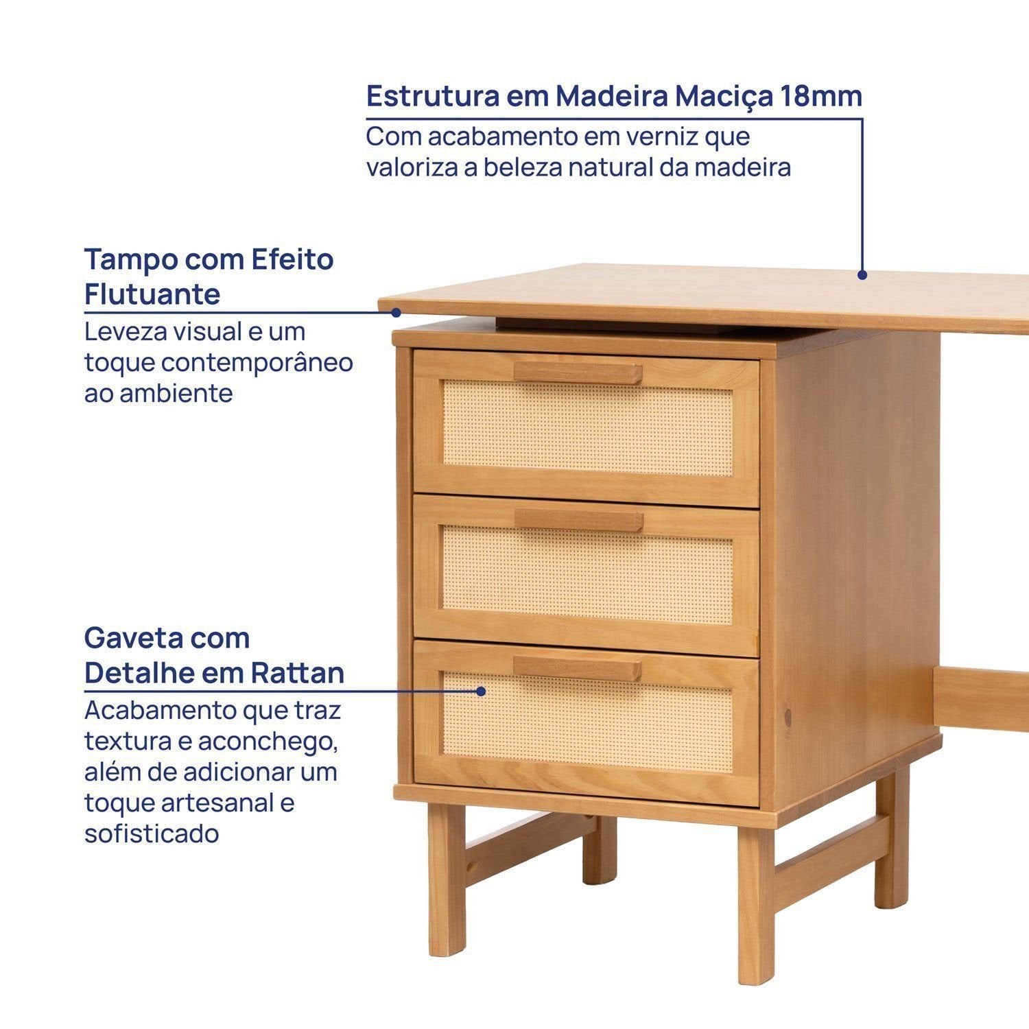 Escrivaninha em L Madeira Maciça 3 Gavetas Rattan e Portas Ripadas Magna CabeCasa MadeiraMadeira