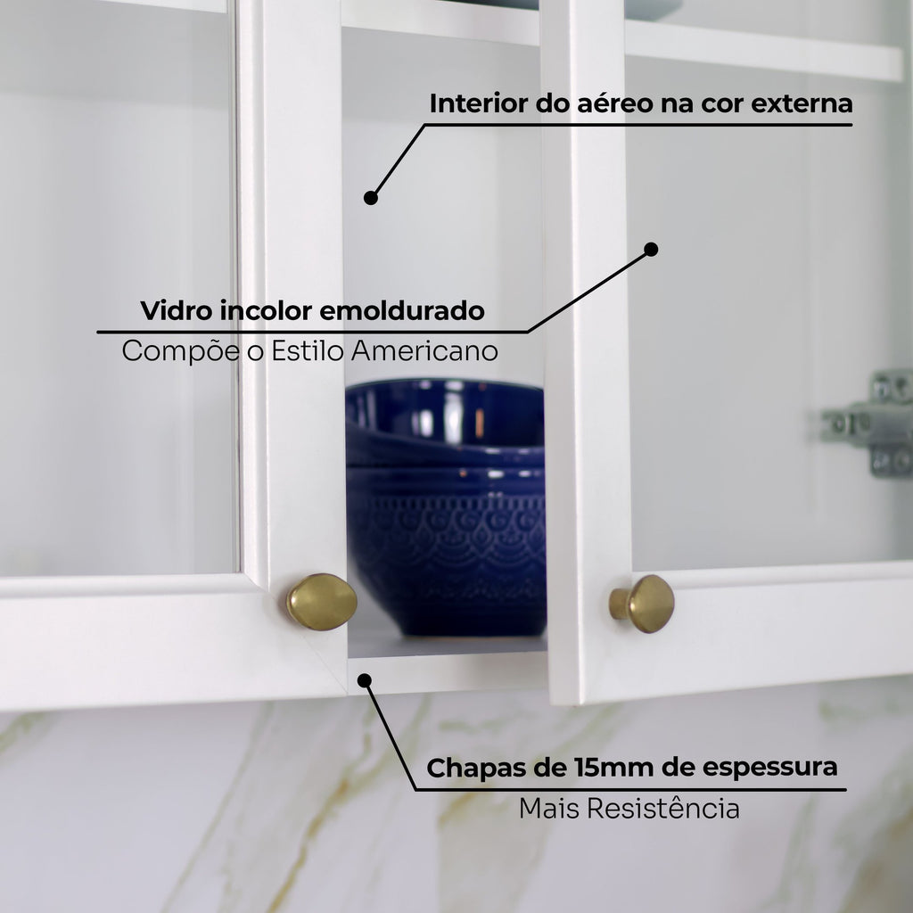 Cozinha Compacta Modulada 6 Peças com Aéreo para Micro-Ondas Emily Espresso Móveis Branco/HP/Calcare