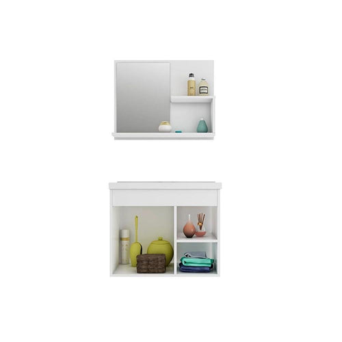 Balcão Suspenso para Banheiro Lótus Bia MGM 1 Porta 2 Nichos com Armário Espelheira e Cuba 55cm Amêndoa/Off White