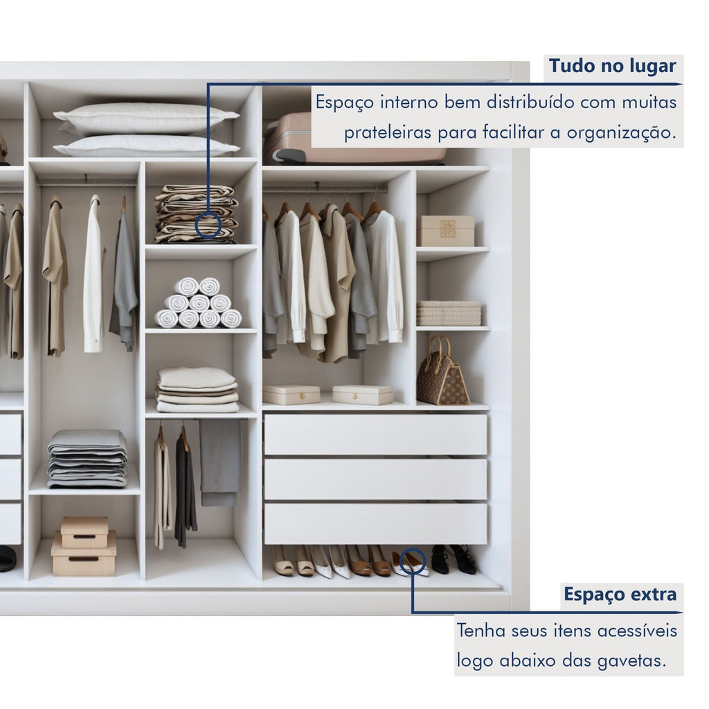 Guarda-Roupa Casal 3 Portas de Correr 6 Gavetas Liv Yescasa 100% MDP Branco