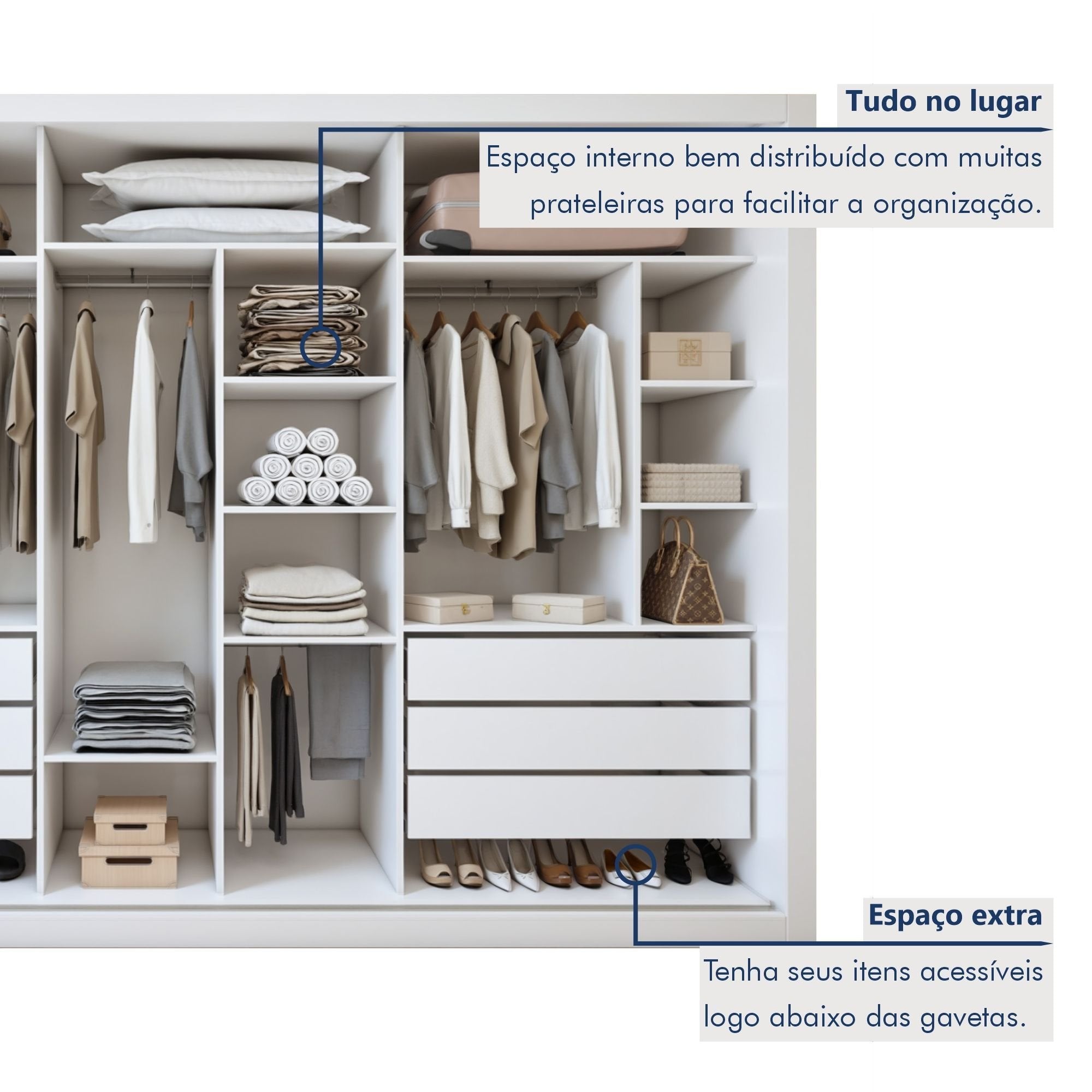 Guarda-Roupa Casal 3 Portas de Correr 6 Gavetas Liv Yescasa 100% MDP Branco