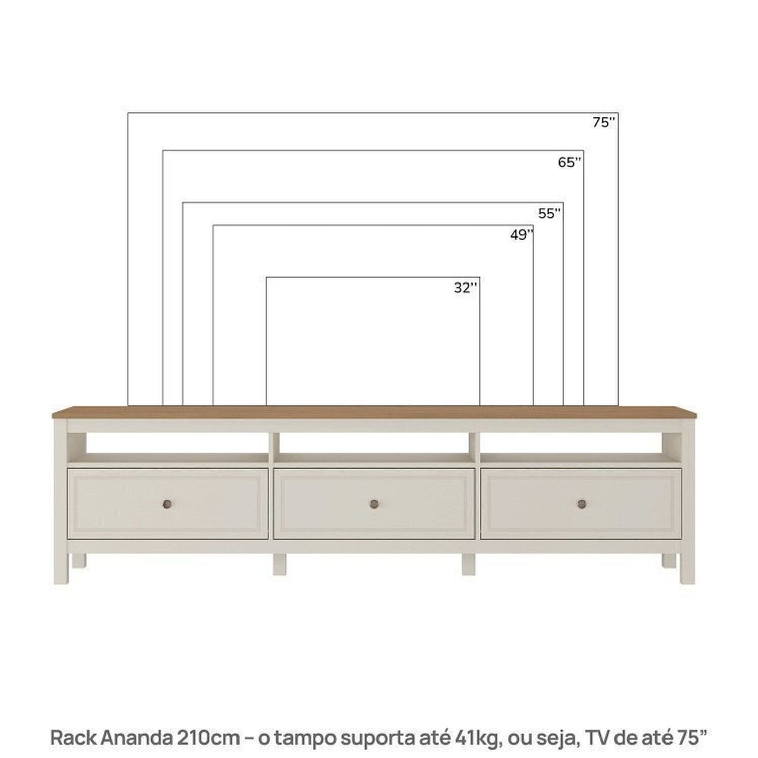 Conjunto Sala de Estar 3 Peças com Rack, Armário e Estante Ananda CabeCasa MadeiraOriginals Branco Off White/Mel