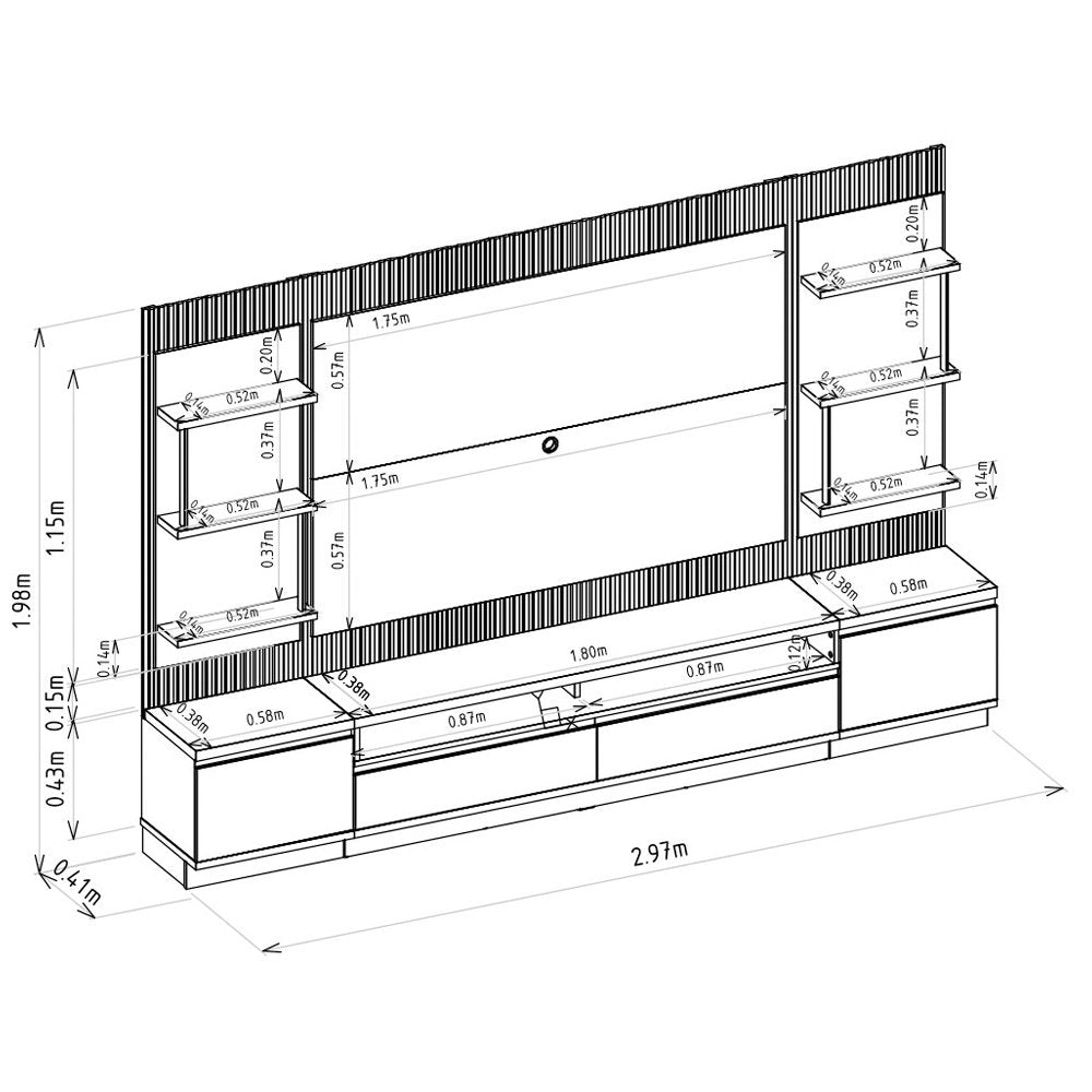 Painel e Bancada Rack Sala de Estar 297cm Madalena Modulado Led Ripado TV até 70 Polegadas Tauari/Off White Gran Belo