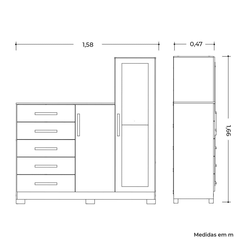 Cômoda para Quarto 5 Gavetas 2 Portas com Espelho New Master Albatroz Móveis Bege/Cinamomo/Off White