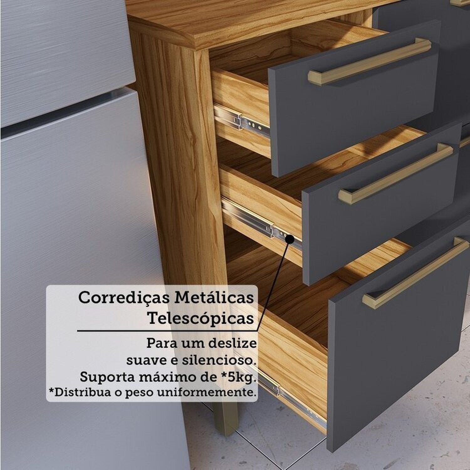Cozinha Completa Modulada 100% MDF 7 Peças 14 Portas 6 Gavetas e Vidro 429cm Vicenza Espresso Móveis Cinza/Amêndoa/Chumbo