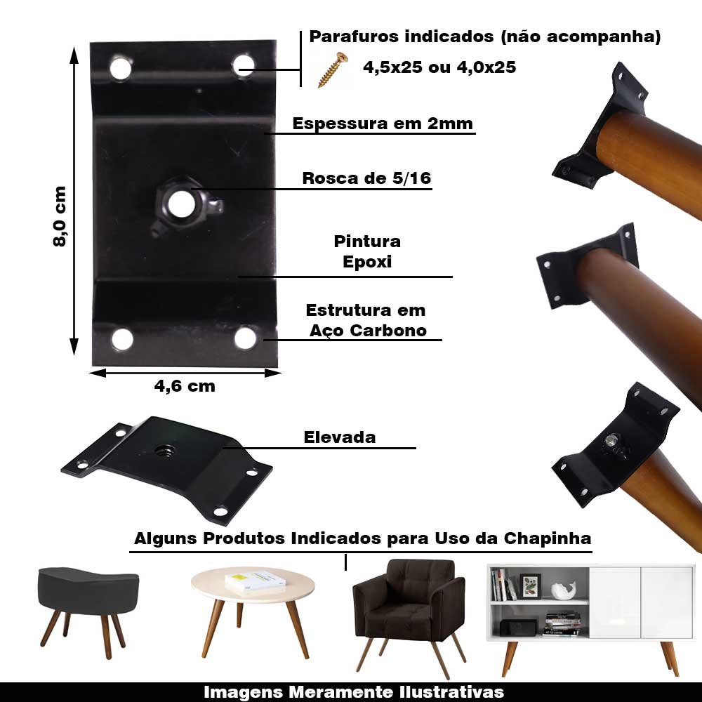 Kit 18 Chapinhas Chapa Elevada com Tubo Fixação Pés Palito Rosca 5/16 Preto Gran Belo