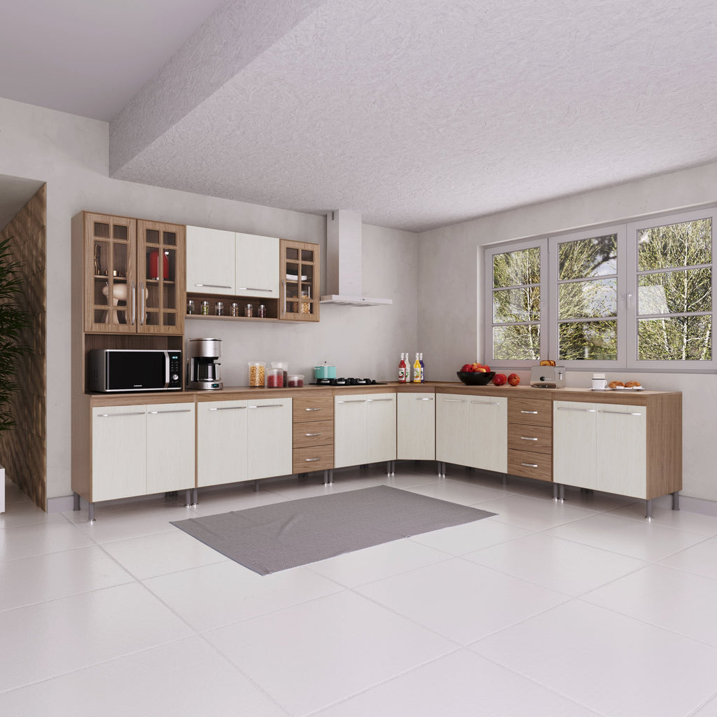 Cozinha Completa Fidelitá Paris 7 Peças 600cm 16 Portas 6 Gavetas com Tampo Nogal/Salinas 600x53x204,5cm