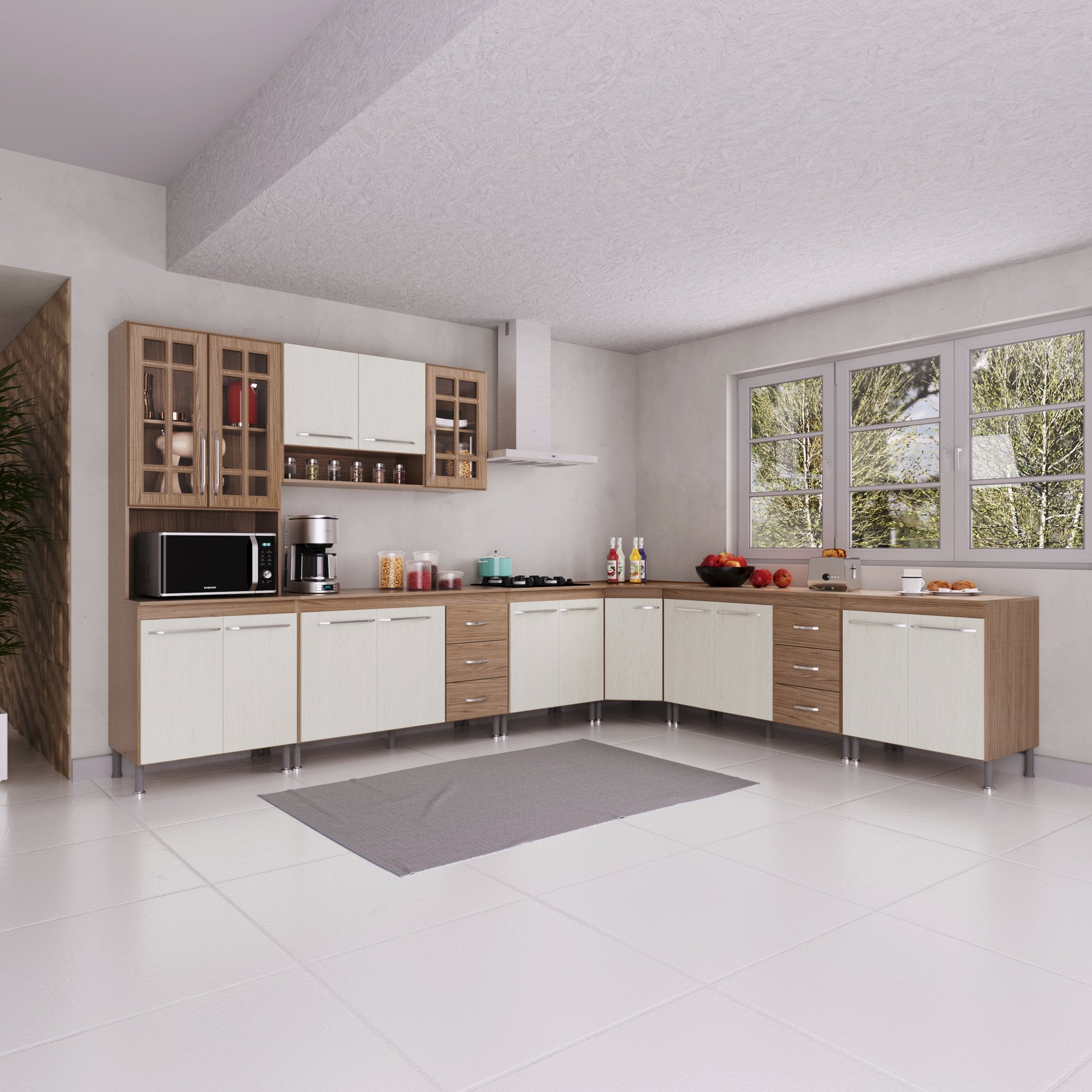 Cozinha Completa Fidelitá Paris 7 Peças 600cm 16 Portas 6 Gavetas com Tampo Nogal/Salinas 600x53x204,5cm